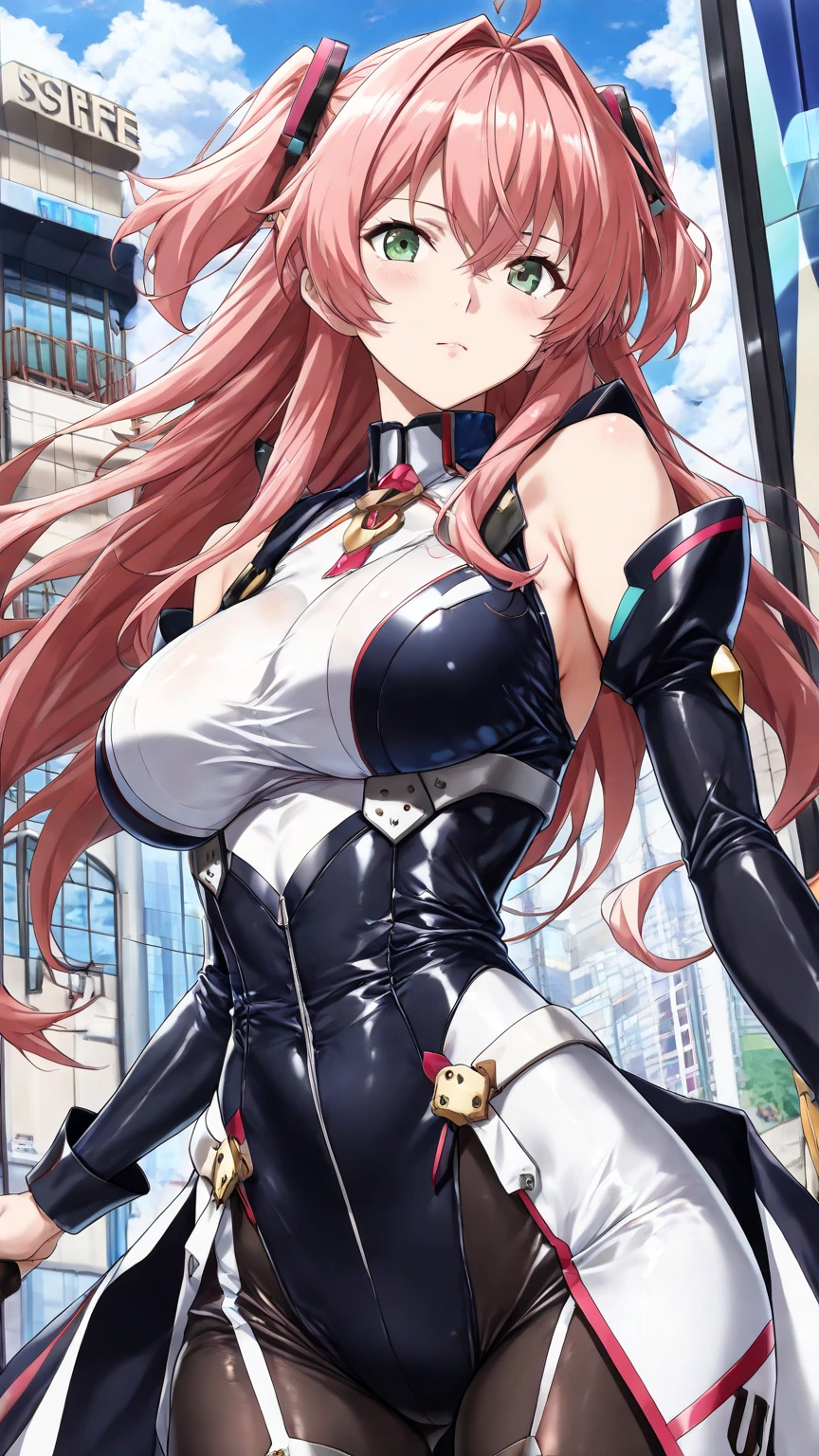 best quality, insanely detailed, nino nakano, breasts, blush, looking at viewer, cheerful eyes, arousal,long sleeve leotard, highleg leotard, athletic leotard, tight leotard, full body, spread legs, roof top background