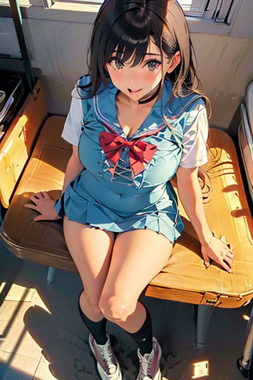 (masterpiece), (best quality), (ultra-detailed), (full body shot), seductive pose, ((standing on the deck of battle ship)), (black hair), sailor cap, ((sailor suit)), ((see-trough tight top)), (((small breasts))), (nipples), ((lifted microskirt)), ((spread legs)), ((lace garter belt)), (no panties), ((pussy)), ((white stockings)), (((navy blue high heels))), sensual pose, detailed scenery, dynamic angle, mischievous smile