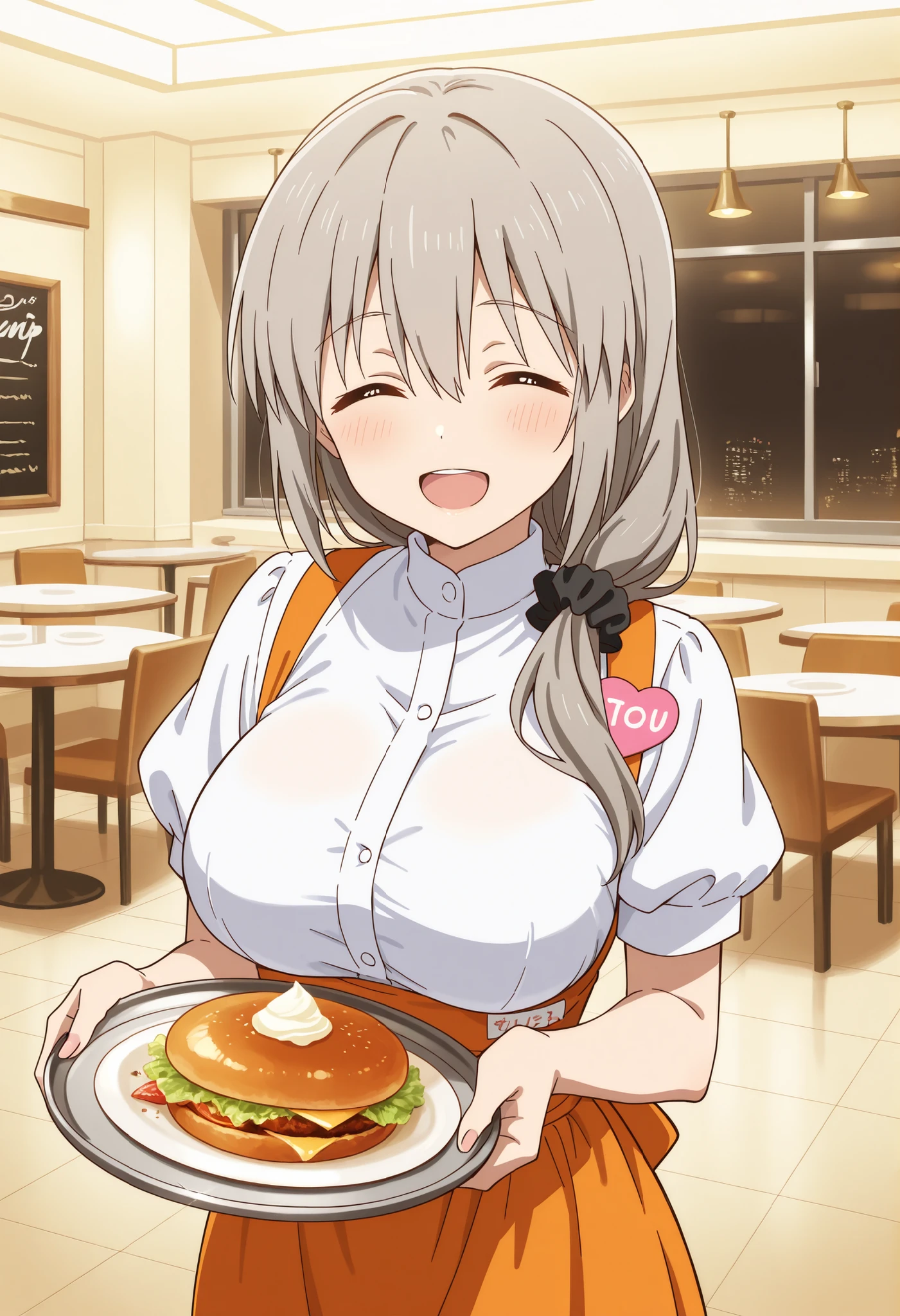 Score_9, score_8_up, score_7_up, source_anime, Tsuki Uzaki, solo, mature female, grey hair, hair over shoulder, hair scrunchie, hair ornament, hair between eyes, bangs, closed eyes, ^_^, large breasts, (best quality), (high quality), {masterpiece}, extremely delicate and beautiful, ultra-detailed, beautiful detailed eyes, anna miller, waitress, white shirt, short sleeves, puffy sleeves, orange suspender skirt, high-waist skirt, waist orange apron, name tag, restaurant, indoor, holding silver tray, smile, open mouth, standing