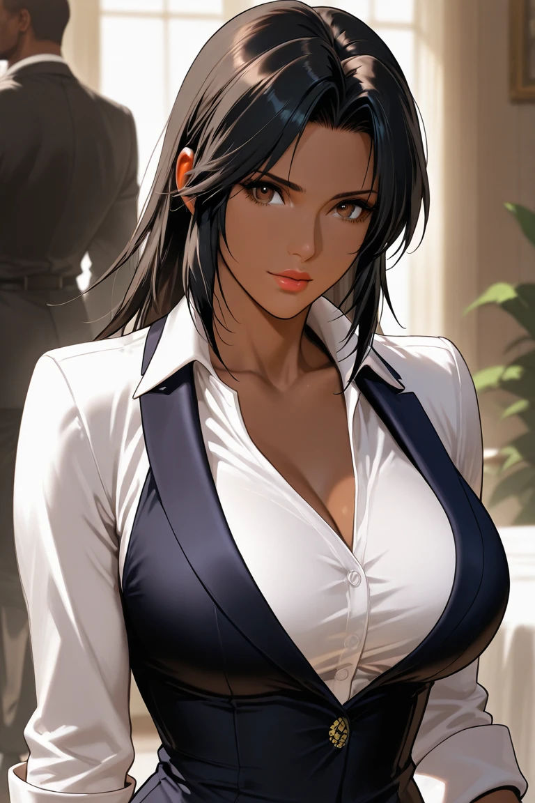 (masterpiece, best quality, highres, ultra-detailed), 1woman, long wave black hair, green eyes, handsome, detailed eyes and face, perfect body, earrings, ear piercing, unbuttoned black blazer, white shirt, trousers, bare collarbones, chain necklace, city slums background, by amano akira