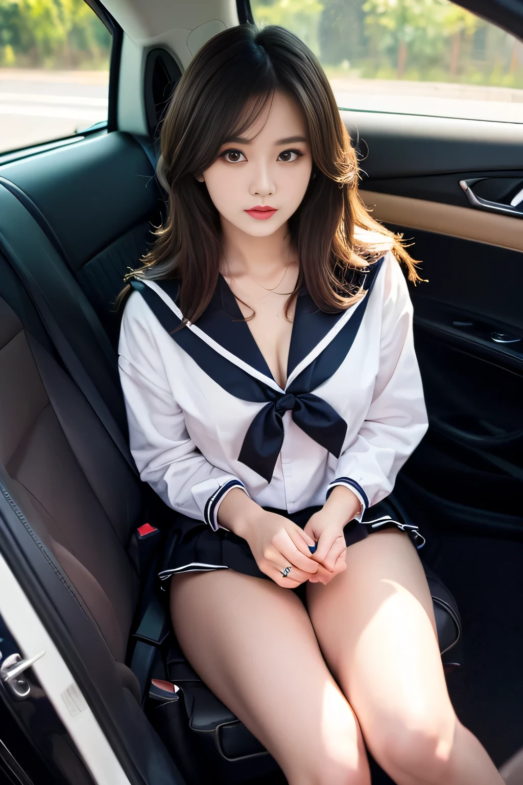 masuter piece、、top-quality、the perfect body、Delicate facial details、facial detailing、full body Esbian、Japan Female, 18 years old、独奏,Rough breath、Crying and shy look, Sloppily open your mouth、red eyes、drooing eyes、long golden tousled hair、((a sailor suit))、(both hands behind head、Panties bitten in the crotch、Panties bitten in the crotch、Crotch line)、Curvaceous legs、((Lots of wet panties、Drenched panties))、Sit in a taxi、(Spread legs wide)