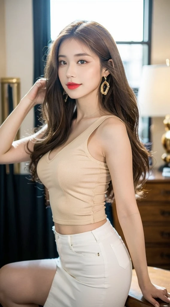 (Masterpiece:1.3, best quality, realistic, very detailed, exquisite details, high resolution, 8k wallpaper), 1 beautiful girl, A close-up of the full body from the shin.,Lead singer of the band, in a leather jacket, tank top,micro jeans shorts, open mouth, Beautiful face, detailed face, sharp eyeliner, Eye shadow blush with thick eyelashes, Very delicate and beautiful, round chin,beautiful eyes, Detailed eyes, smile, earring, necklace, , Medium length light brown hair, on stage, Spotlight, look at the audience
