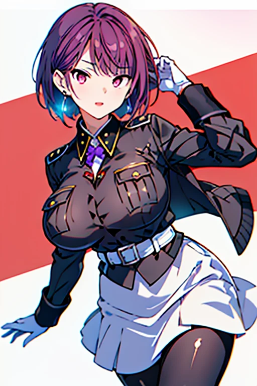 Highly detailed, anime, 1 woman, magenta hair, gigantic ponytail hairstyle, round Bangs, sharp magenta eyes, mini skull earings, skull necklace, busty, gorgeous plumpy body, military's uniform, serious face