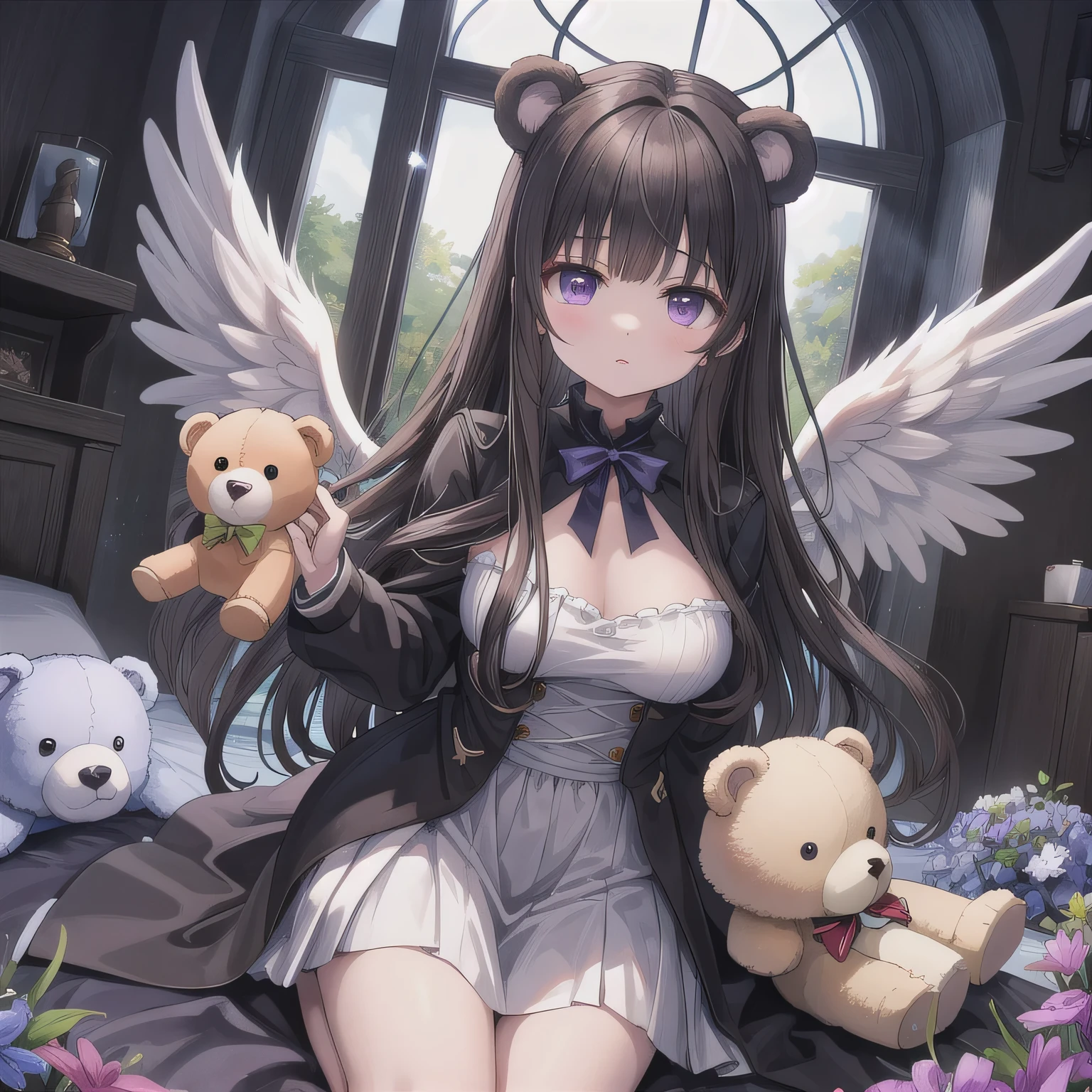 holding a stuffed bear、Innocent、Angel from the Underworld、 long hair, dark hair, purple eyes.