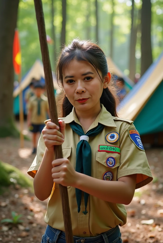 (((masterpiece, real, best quality, original, live, natural))) teenage girl, ((12 years old)) long black hair, ((hair down)) ((tan skin)) playing in the middle of the rice fields, ((wearing a complete scout uniform)), ((scout skirt)) ((wearing a scout hat )) (((Indonesian scouts))) cheerful, happy, smiling,