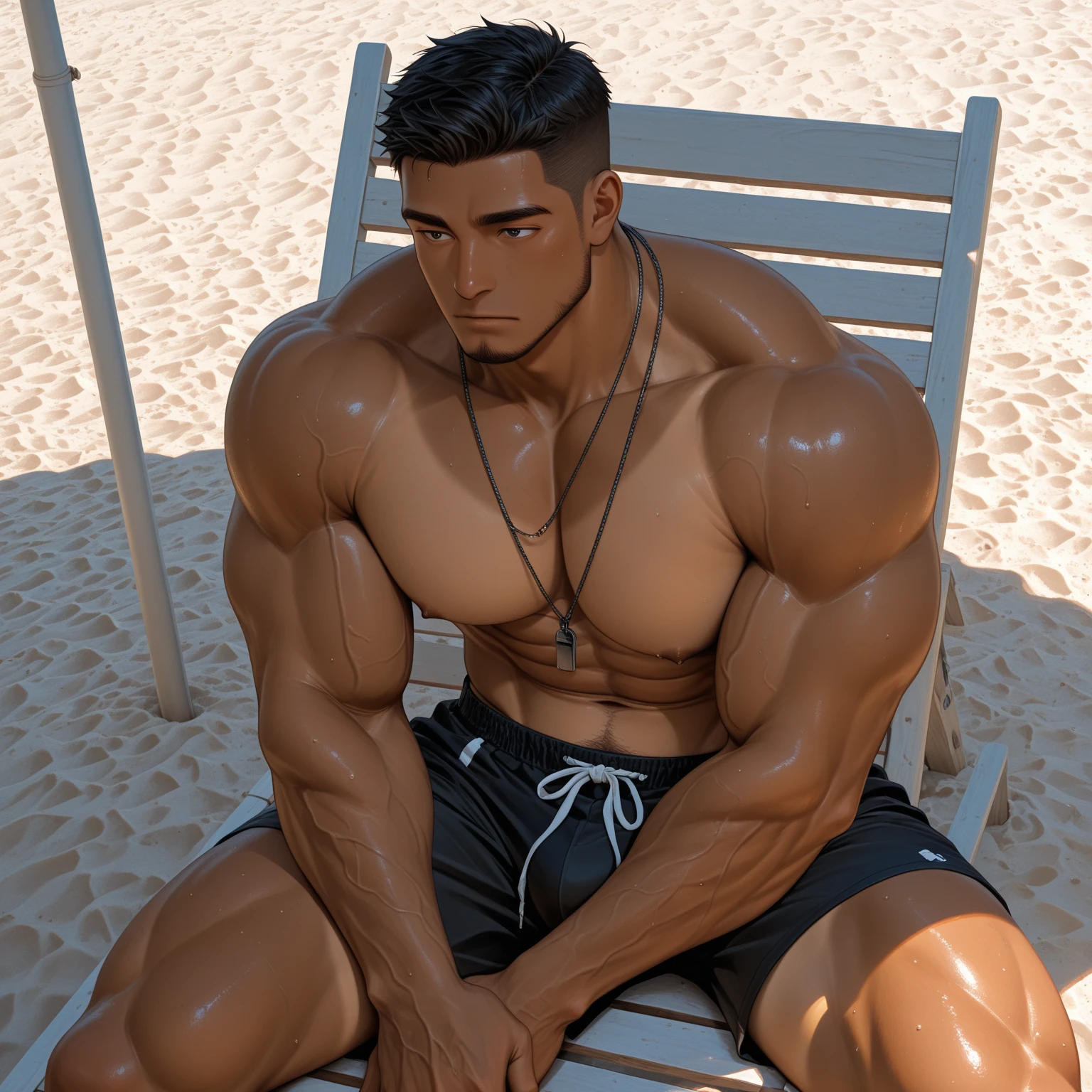There is only one Chinese bodybuilder in the photo，30 years old，Tall and handsome, toned body，short hair, O-shaped beard，Perfect body, Dark and shiny complexion，Smooth skin，The body is hairless，Muscle bulge, muscular, Very big pecs，Very sexy abs，Leg muscles are very developed，Huge bumpy area，Brighten oily skin，Wearing a gold leather shiny thong，handsome face， Correct and accurate male body proportions, full-body shot, shiny muscular skin，wear white socks，lying in the sea。