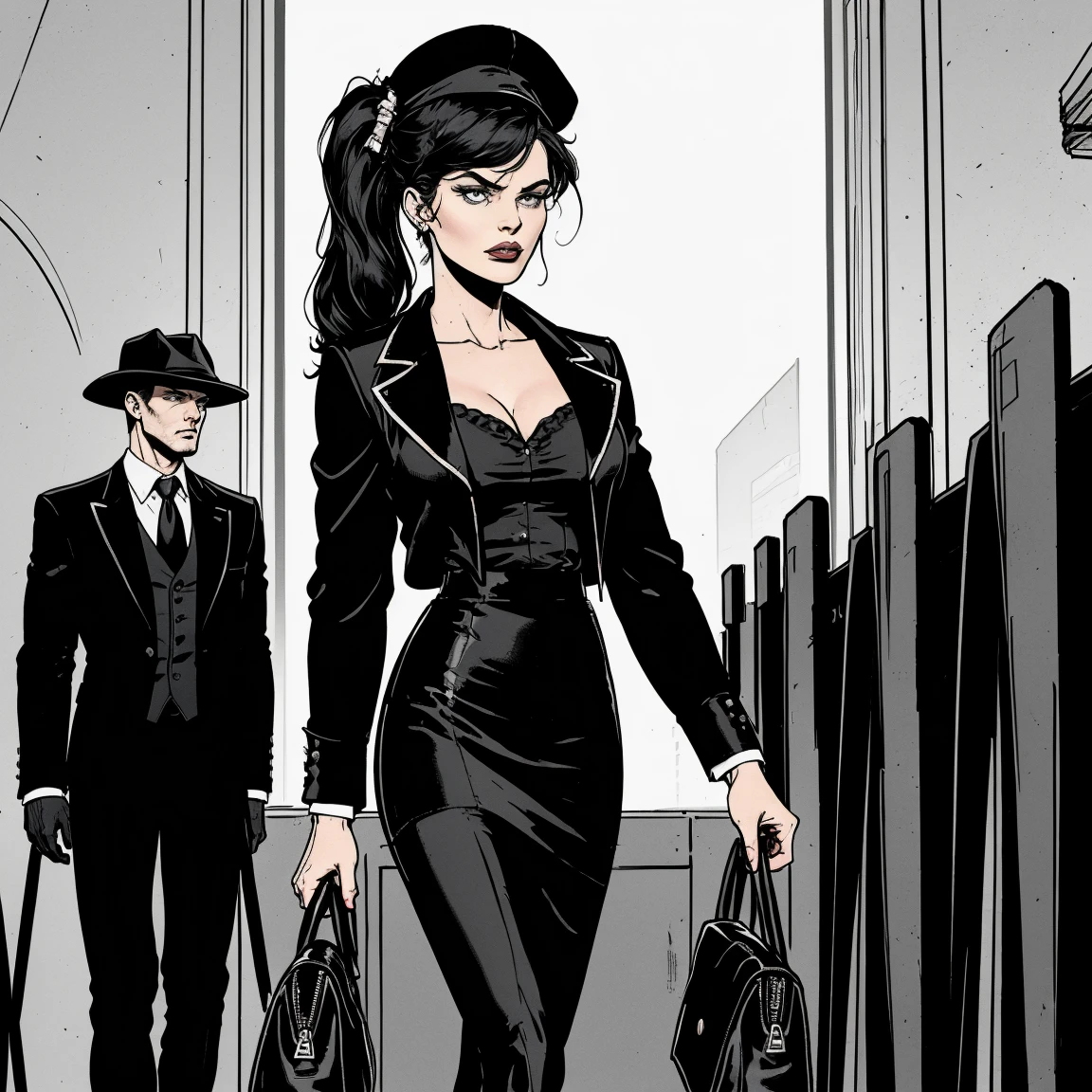 a black and white comic book image of a woman walking in the city as a male vampire walks behind her staring hungrily