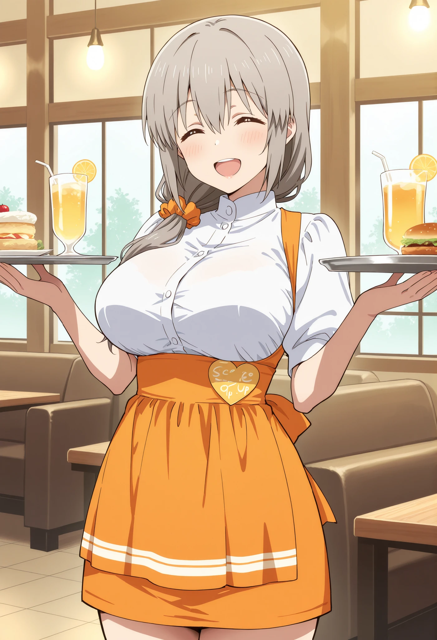 Score_9, score_8_up, score_7_up, source_anime, Tsuki Uzaki, solo, mature female, grey hair, hair over shoulder, hair scrunchie, hair ornament, hair between eyes, bangs, closed eyes, ^_^, large breasts, (best quality), (high quality), {masterpiece}, extremely delicate and beautiful, ultra-detailed, beautiful detailed eyes, anna miller, waitress, white shirt, short sleeves, puffy sleeves, orange suspender skirt, high-waist skirt, waist orange apron, name tag, restaurant, indoor, holding silver tray, smile, open mouth, standing