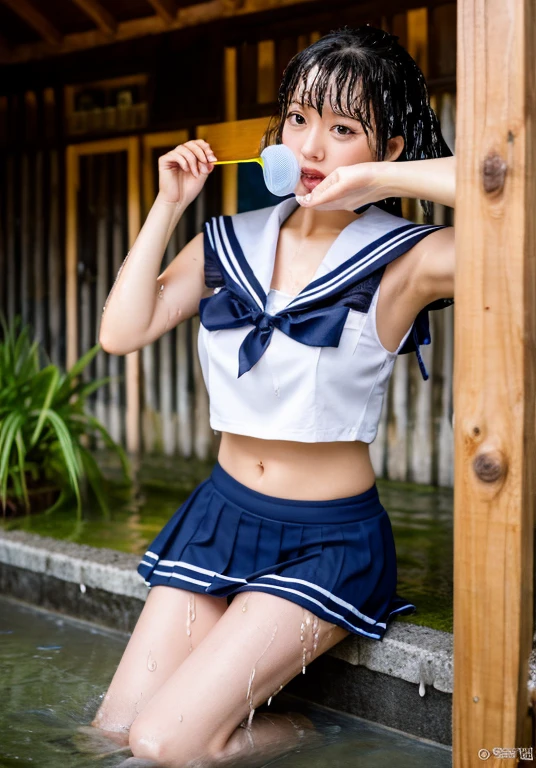 (tokyo disney resort dancer open thighs),make up,solo,Donald Duck style blue hat,(White and light blue horizontal striped panties),Blue Donald Duck style sailor short sleeves,White pleated skirt,Red ribbon tie,(shoot from below),