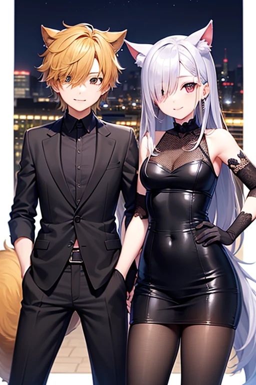 ((obra maestra de anime TV)), (enfoque medio cuerpo), Pareja chico y chica adultos, varias poses juntos, you can see the mutual attraction, chica Fox pelo largo blanco o gris, radiante iris eyes brillan del ojo verde, chico pelo corto bicolor, rostro masculino, eyes are also bright red eyes and radiant black,  -auto...