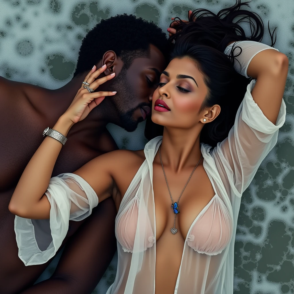 night scene from side view, sea view, night time, full body portrait, extreme close up photo of black african muscular man grabbing vedhika from behind who is wearing a satin full length lace border bridal nighty with a satin robe, hugging a man, both laying a bed, romantic environment, big cheeks, woman is wearing satin nighty man is shirtless, hourglass figure, deep cleavage, romancing each other in a ship deck in sea, showing armpits, red lips, necklace, sultry, look at viewer and smile, (cinematic:1.3), intricate details, (ArtStation:1.2)