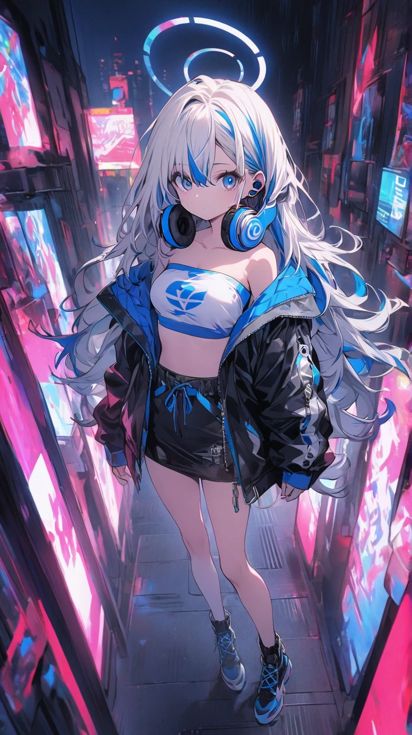 highest quality, masterpiece, long eyelashes, blue eyes punk girl, Dressed in punk clothes, super mini skirt, Sparkling, big breasts, Cat ear, white hair, spread legs, oneesan