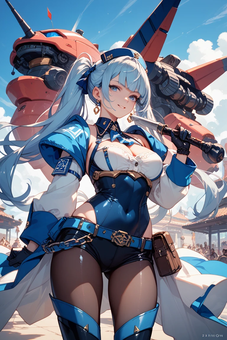 (8k, best quality, masterpiece:1.2), ultra-detailed, (high brightness:1.3), (high contrast:1.1), (high saturation:1.1), (anime screencap:1.20), 1girl, ((solo:1.20)), (mejiro ardan \(umamusume\))), ((animal ears, horse ears, horse girl, horse tail)), ((long hair:1.10)), ((light blue hair:1.5)), ((((hair ornament:1.5)), (ear ornament:1.3), cute, ((Detailed details eyes:1.5)), cute, (red blush:1.5), (((((race queen:1.10))))), skirt, ((blue skirt:1.10)), ((white jacket:1.10)), ((boots:1.10)), (gloves, black gloves), jacket, midriff, ((full body:1.20)), breasts, thigh boots, navel, half gloves, cropped jacket, ((high heel boots:1.10)), ((white footwear)), jacket removed, ((thighhighs:1.10)), planted, high heels, ((thigh strap:1.5)), (((saggy large breasts:1.20))), (((cleavage:1.20))), ((miniskirt:1.20)), ((cute smile, happy)), (((bandeau:1.20))), standing, holding, ((crop top:1.10)), (((puffy nipplse:1.20))), (((large ??????:1.10))), (((show panties:1.20))), (((white highleg panties:1.20))), (((underboob:1.20))),