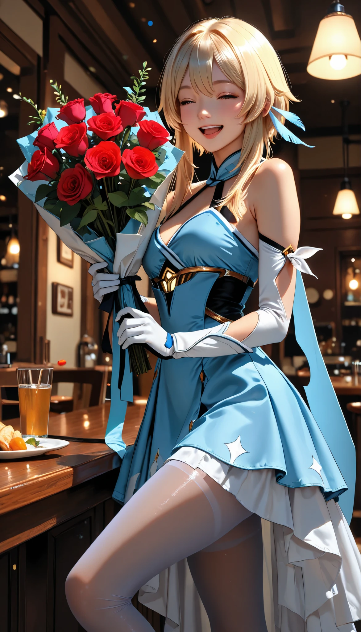 ((RAW Photo), Absurds, (Absurd Resolution)), (AI Fantasy), (pretty girl, very beautiful 21 years old), (((Lumine, bioluminescent light))), (beautiful girl, very pretty face), (long, straight, blond hair, white highlights), (realistic pupil, intense blue), ((thin dress, gloves, transparent pantyhose)), (slightly bent leg), (holding a bouquet of red roses), Italian restaurant, cleaning, laughing, (Cinematic shot according to the angle). «SunPuma S»