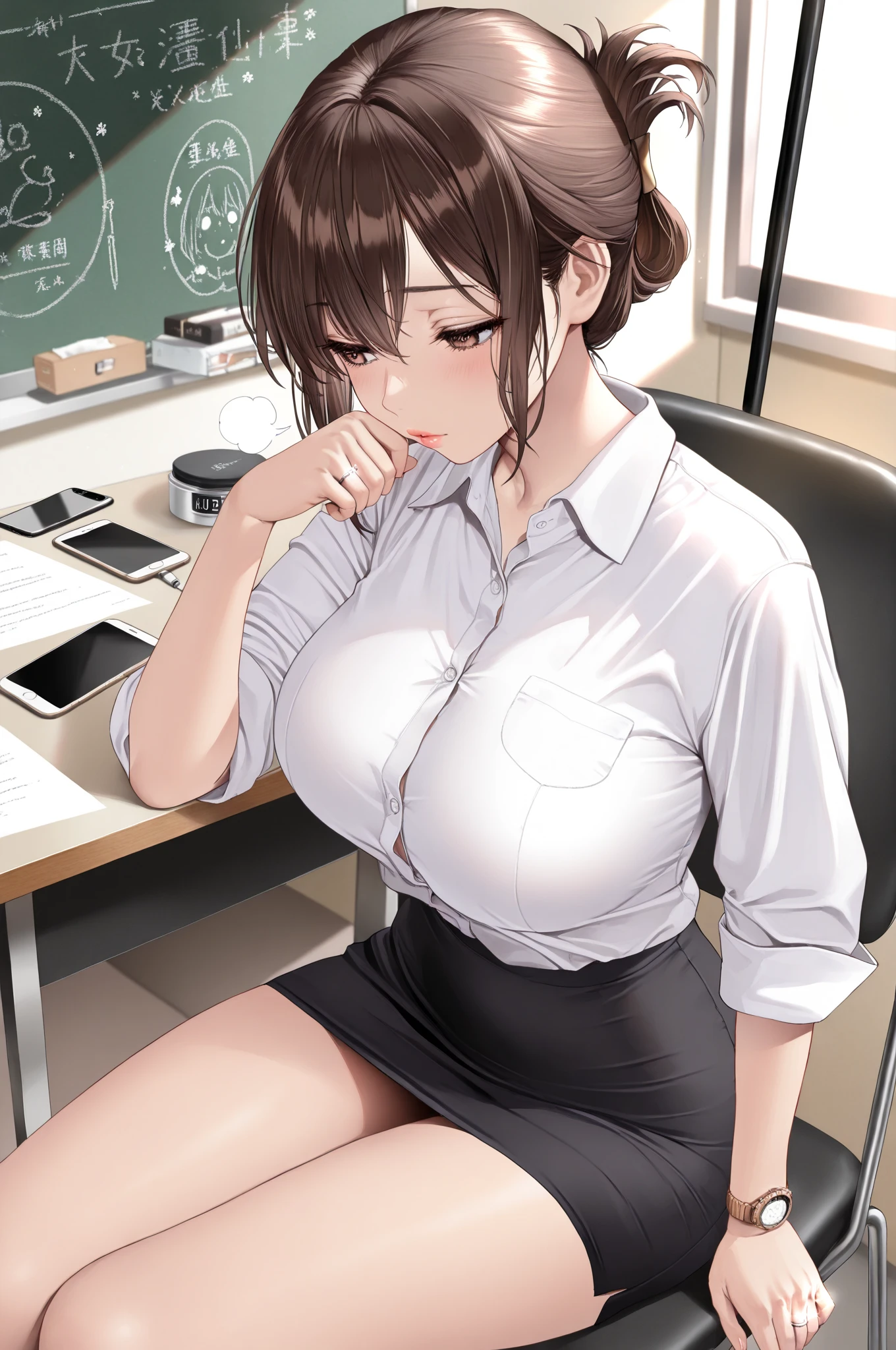 , ((High resolution)),masterpiece, high quality, 最high quality, beautiful, perfect lighting, detailed face, super cute face, ((1 girl)), ((alone), short brown hair, fluffy hair, embarrassed look, ((blush)), looking at the viewer, ((Forehead))、parted bangs、asymmetrical bangs、put your hand on your waist, standing in office, (office), daytime, dress shirt, pencil skirt, (tight clothes), (Chubby), (thigh height), (wide hips), ((thick thighs)), medium breasts, cleavage, perky chest, 24 year old female,