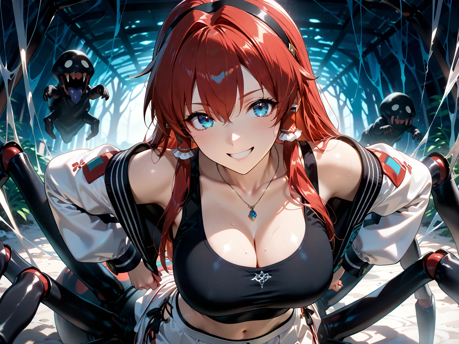 Sam yang style art work, sexy woman with red hair wearing a skin tight shear latex one piece outfit, large breasts, on all fours crawling, looking at the viewer, butt up in the air, space ship setting