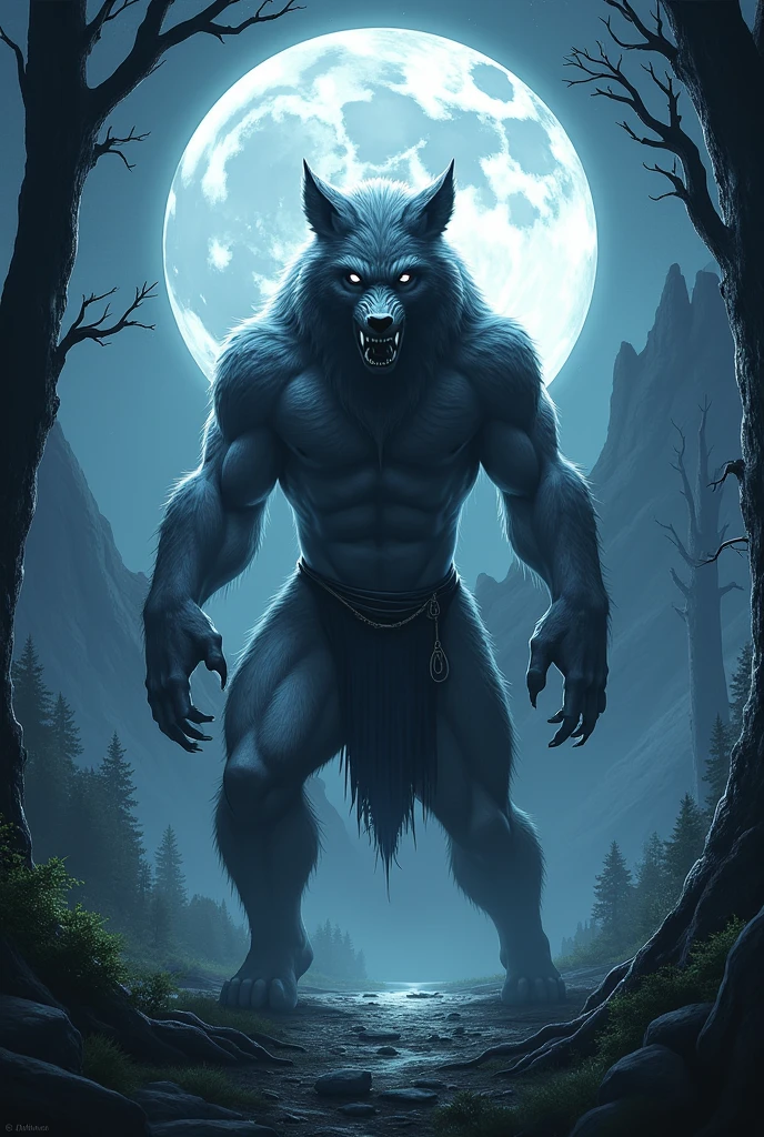 A burly, virile, and hairy werewolf with distinct wolf ears and a bushy tail, standing tall and proud against a full moonlit sky. His fur is thick and majestic, framing a powerful physique that is overmuscular and musclebound to the extreme. His broad shoulders and massive chest are accentuated by a thick mane of fur that cascades down his torso, while his overly thick arms and legs are covered in a lush, dark fur. The werewolf's body is a hulking figure, swelling with swollen muscles, veins bulging against his skin. His face is dominated by a long, bushy beard and a thick mustache, and his hair, which is beginning to grey with age, only serves to add to his rugged and imposing appearance. He is dressed in a traditional fundoshi, a Japanese loincloth, which struggles to contain his immense size and bulk. The werewolf's eyes glow a chilling shade of amber, reflecting the power and ferocity that simmers just beneath the surface of his burly exterior.