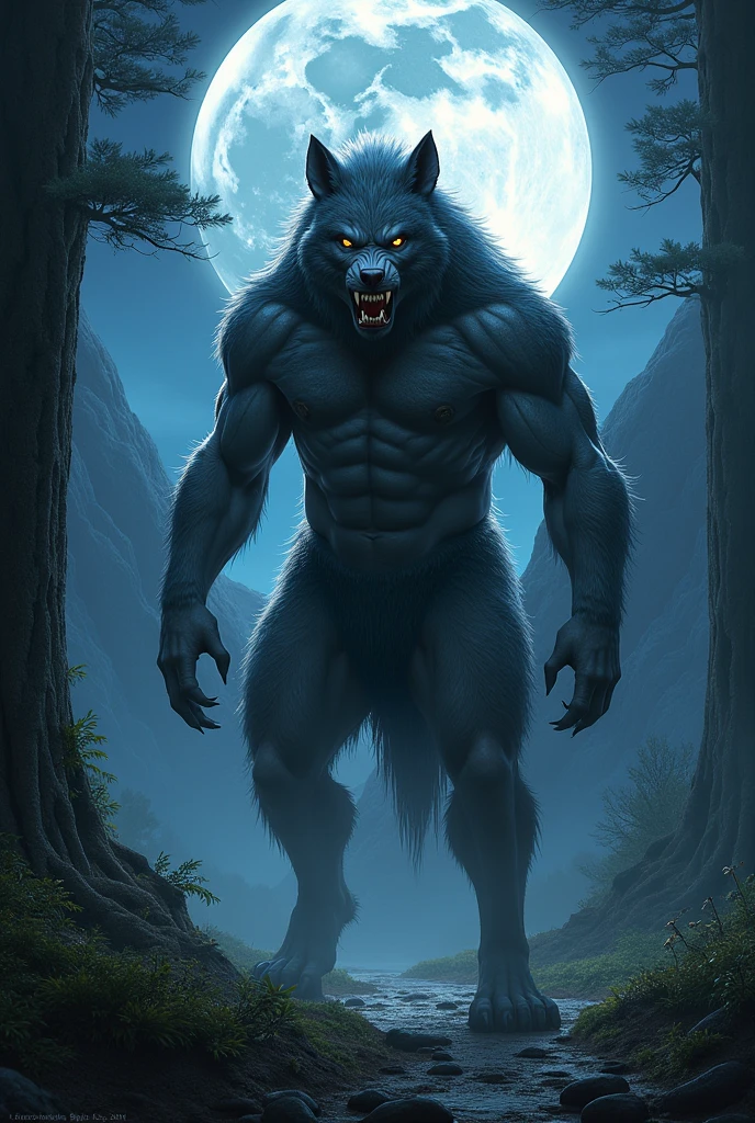 Make a furry werewolf with completely black fur plus realistic furry hands with blue pupils of a common wolf without glowing, com musculos super enormes, pernas musculosas, muscular arms with defined abdomen and large chest, very detailed and hot inside a forest at night, posing attractively, looking at the viewer with an excited look, licking his lips, totally now, lua cheia full HD alta qualidade