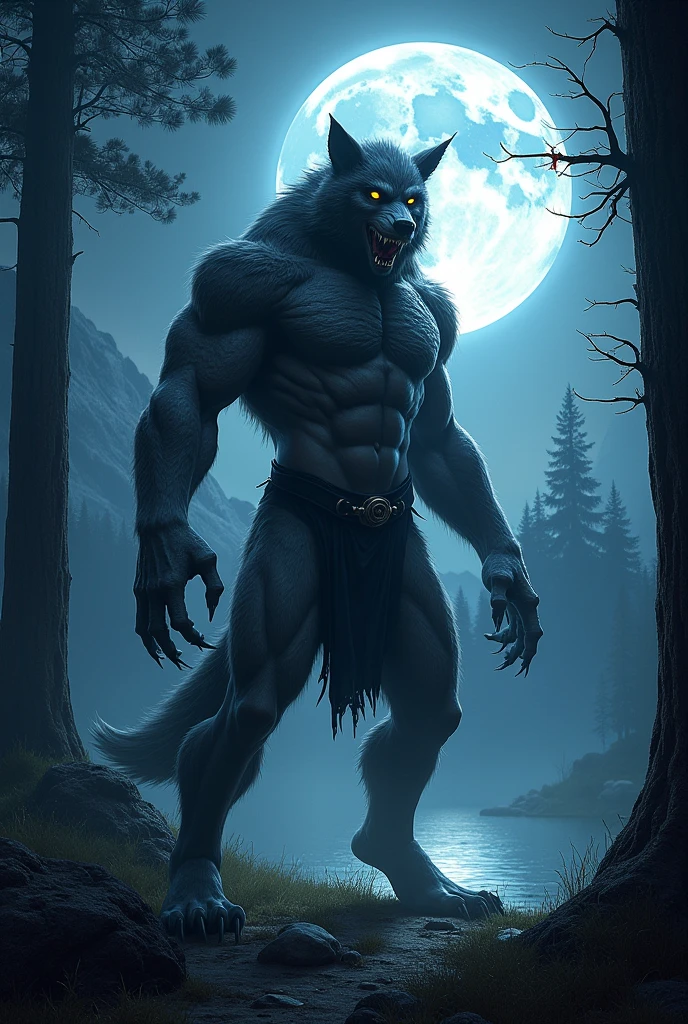 Alpha fenrir 14 foot tall, werewolf , smirking, no shoes,, light blue eyes, muscular built, abs, furry, grey and black fur, ght, full moon, werewolf, tail, attractive pose, fucking