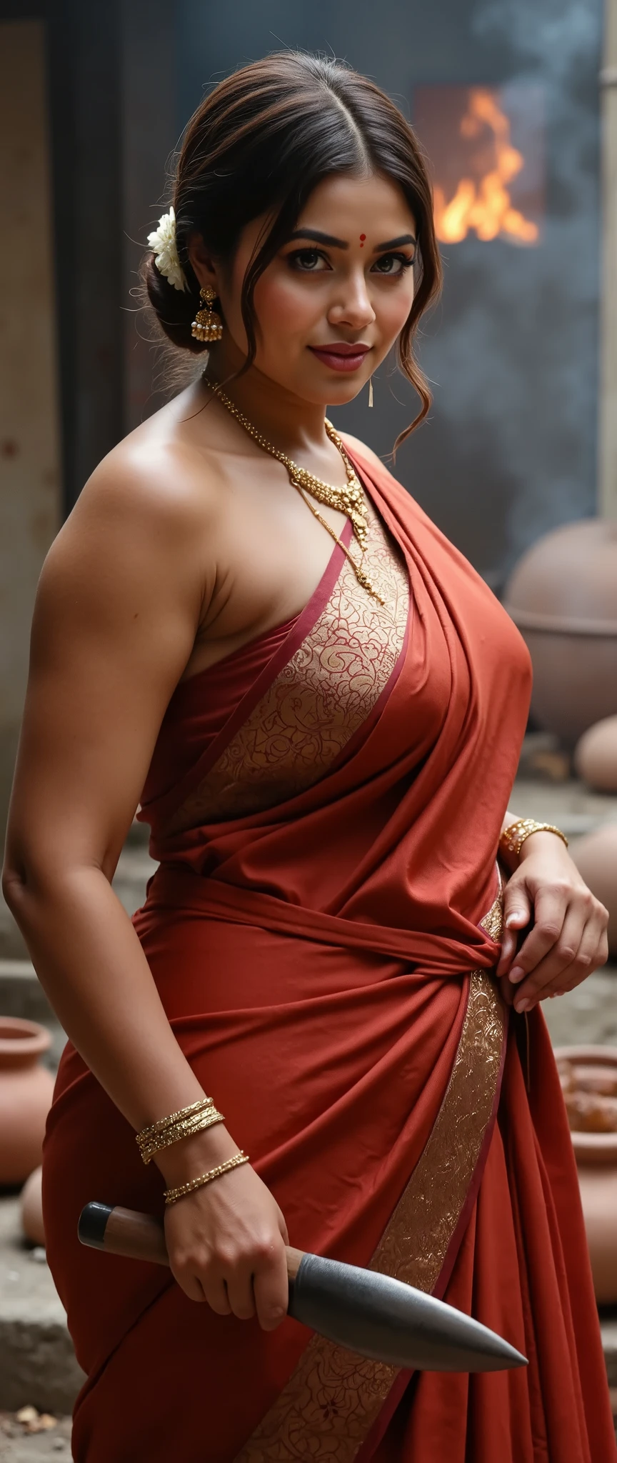 Indian beautiful chubby woman bhabhi, Sindoor aka Vermilion mark neatly set in her middle-parted hair, middle parting ornament peeking from her side bun, golden long necklace resting on her upper back and curving around as she slightly turns, satin blouse fully tight and soaked, sticking to her broad sweaty back and shoulder blades, deep cleavage slightly visible from the side as she turns her head, curvy hourglass body model in a satin saree with a simple printed border, showing thick waist and soft folds above her midriff as she leans forward near the clay tandoor, one hand holding a wooden spatula and the other resting on her thigh, blouse fabric stretching tightly across her arched back, hips wide and grounded as she balances, glowing fire reflecting on her glistening oily fair skin, her expressive eyes and gentle smile turned back toward the camera, strands of hair clinging to her temples and cheeks, blurred background with reddish tandoor fire, clay pots, and ash settling slowly in air, tight head-to-thighs frame capturing her earthy glamour , showing round butt cheeks when bending,warrior, holding sword,