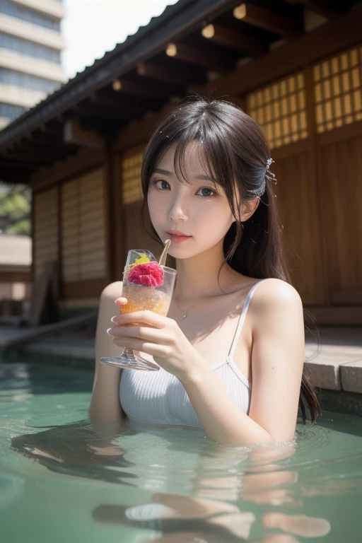 8K、High resolution、masterpiece、Realistic、 detail、Fine texture、High Contrast、evening、（sunset）Fine texture、Head-to-toe portrait、High Contrast、alone、Holding a drink、smile、 happy,Natural body shape、White skin、Natural Makeup、Black Hair、bangs、Straight Long Hair、((Wearing a sports bikini))Big Breasts、)、((Pool))、Looking into the camera