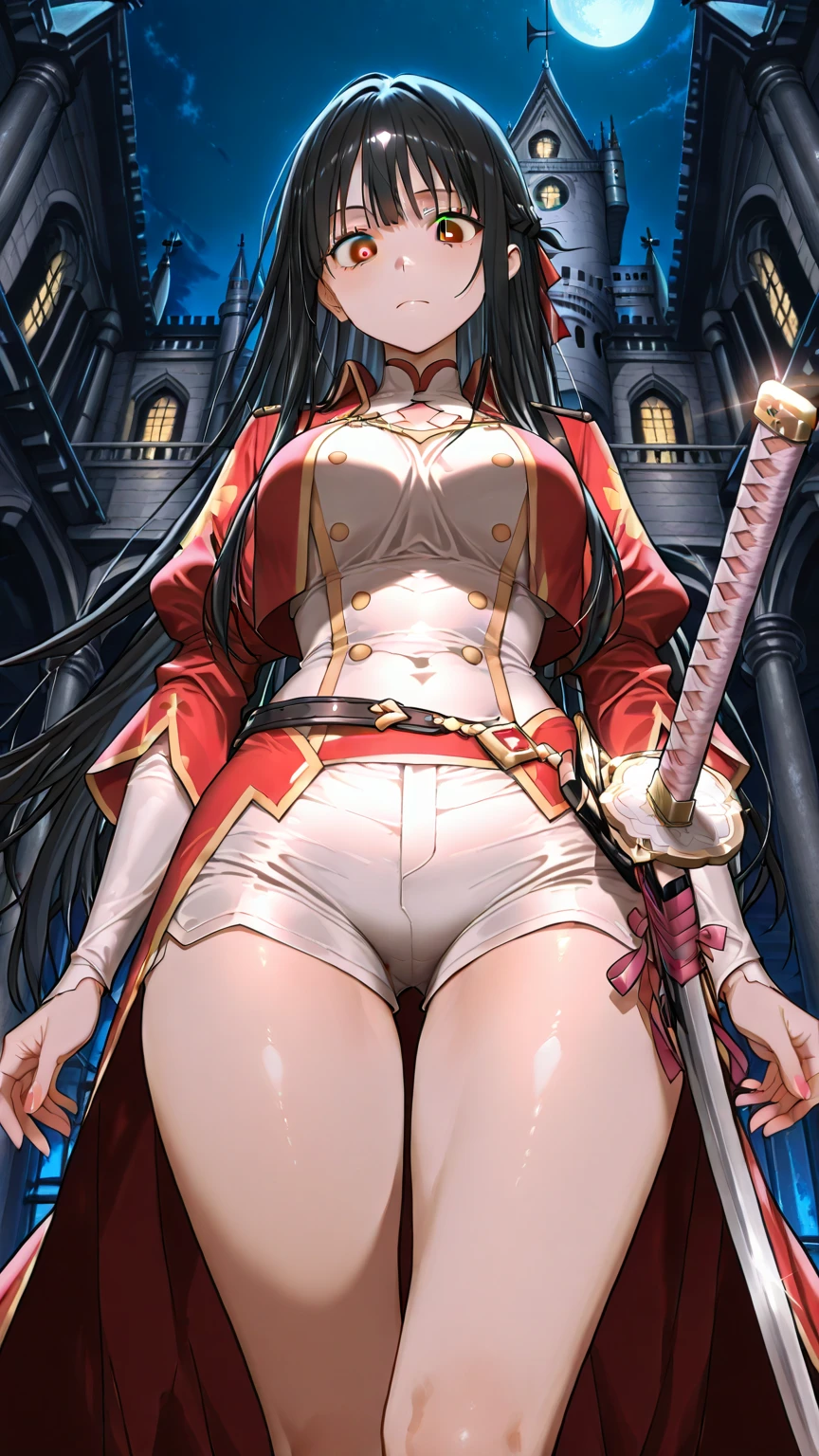 1girl,arms up,belt,black gloves,black hairband,black leotard,black thighhighs,blue cape,blue hair,breasts,brown eyes,cape,gloves,greatsword,hair ornament,hairband,large breasts,leotard,long sleeves,looking at viewer,medium hair,necktie,shirt,sidelocks,solo,sword,thighhighs,thighs,underbust,weapon,white shirt