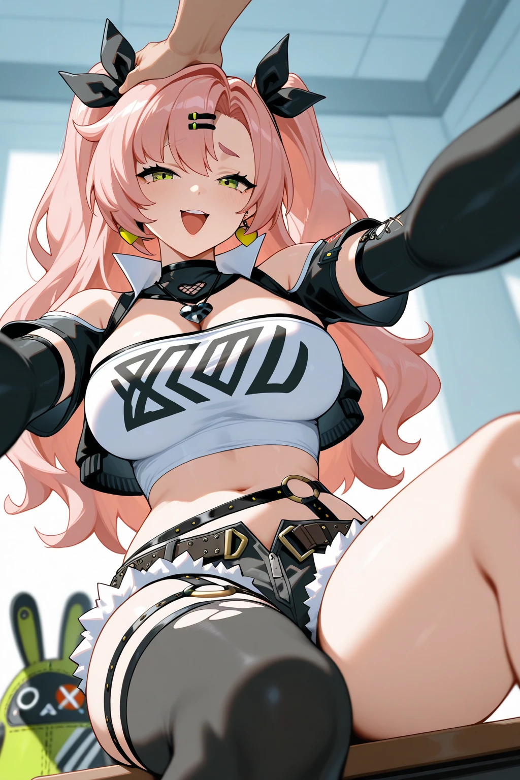 score_9, score_8_up, score_7_up, 1girl,,two_side_up,solo,large_breasts,highres,nicole_demara,1girl,hair_ribbon,crop_top,looking_at_viewer, full_body,looking at viewer,,masterpiece,best quality,absurdres,newest,higher