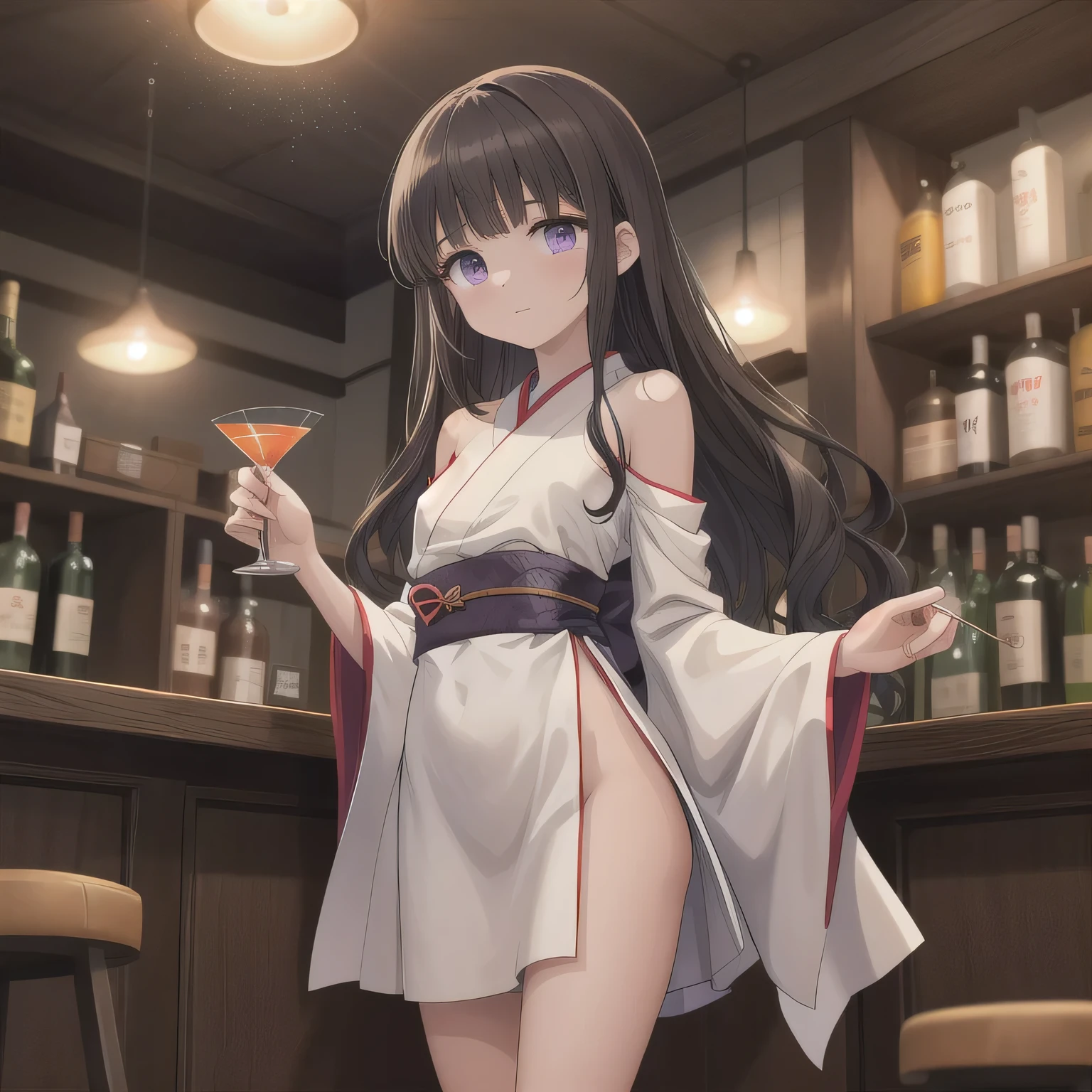 A 2D anime-style illustration. The scene is set inside a dimly lit, cozy Japanese "snack" bar. The lighting is soft and warm, with gentle shadows creating a relaxed, moody atmosphere. Bottles of liquor line the shelves behind the bar, and small round tables are scattered throughout the room. A young woman is standing near a table, wearing a stylish, slightly sexy dress commonly seen in such bars — like a fitted cocktail dress with soft fabrics and subtle glitter. She looks elegant and approachable. The focus is on the warm mood and ambient light. long hair, dark hair, purple eyes.