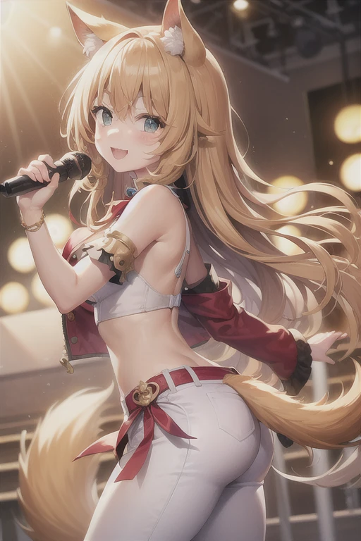 sexy dance show,sexy pose,maruzensky \(umamusume\),good anatomy, masterpiece, best quality,realistic, hyperrealistic, 16k hdr,Smile,(Live Stage),(see through costume:1.2),Stage costumes,Horse tail,sing a song,ultra miniskirt,navel,micro panties,clearvage,erected nipples,sweat,from below,large breasts,spread legs