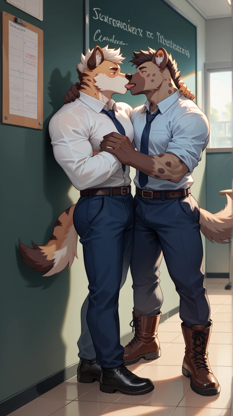 classroom, two men, two horses, sex, cum, penis, teacher nad student, muscular male, male wear shirt and glasses, male is teacher, clothed, double masturbation, double cum
