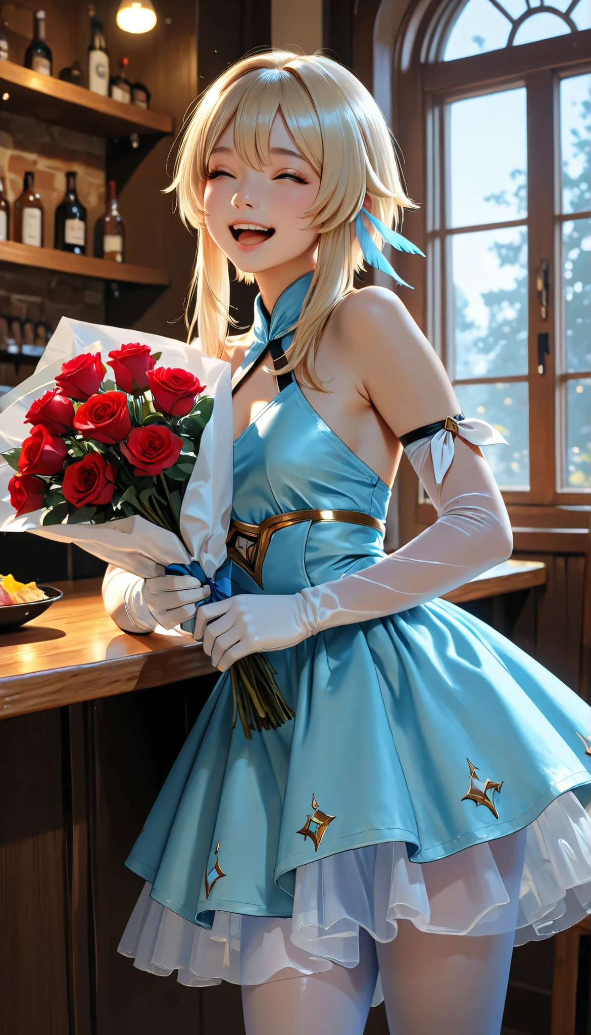 ((RAW Photo), Absurds, (Absurd Resolution)), (AI Fantasy), (pretty girl, very beautiful 21 years old), (((Lumine, bioluminescent light))), (beautiful girl, very pretty face), (long, straight, blond hair, white highlights), (realistic pupil, intense blue), ((thin dress, gloves, transparent pantyhose)), (slightly bent leg), (holding a bouquet of red roses), Italian restaurant, cleaning, laughing, (Cinematic shot according to the angle). «SunPuma S»