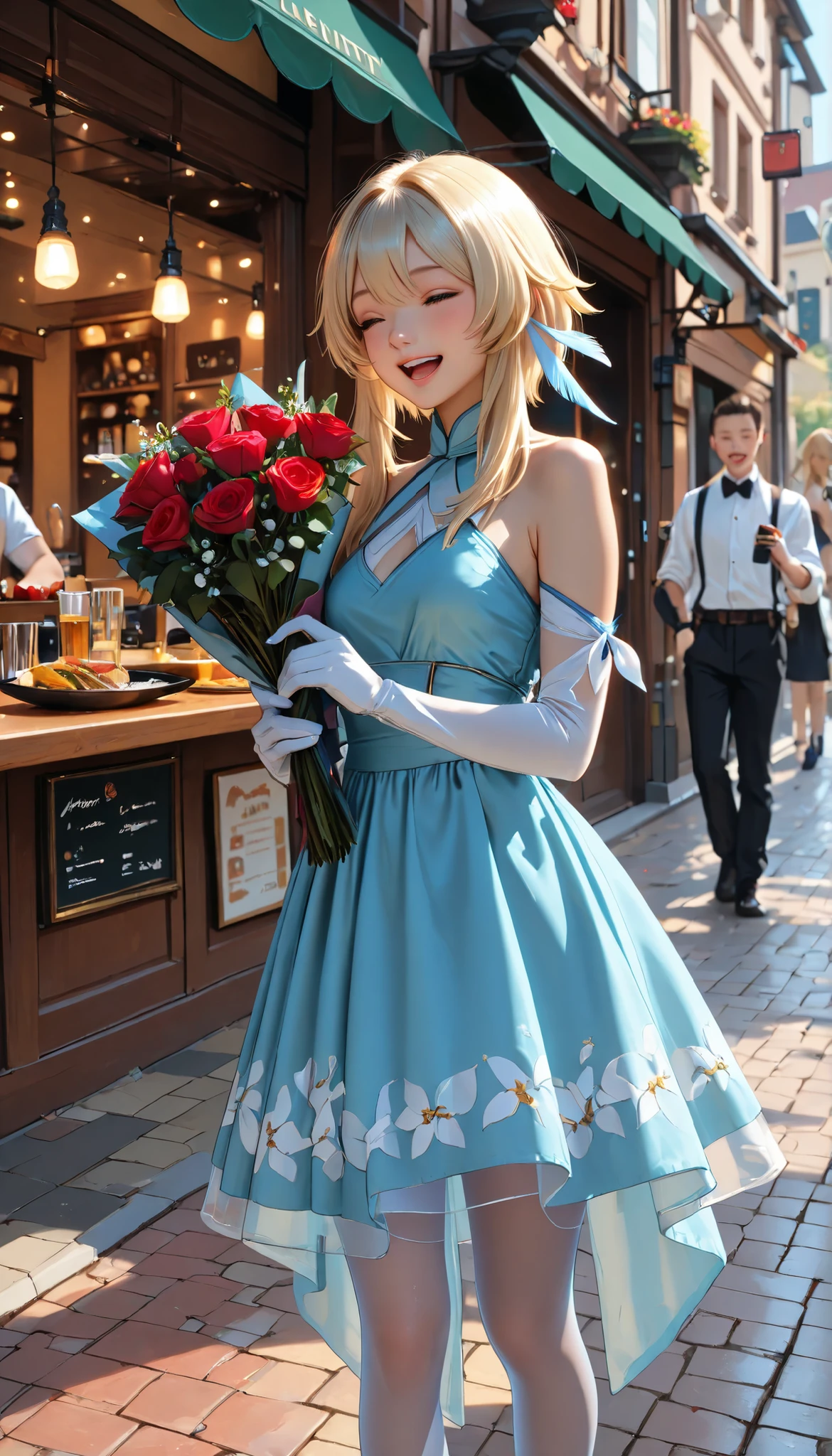 ((RAW Photo), Absurds, (Absurd Resolution)), (AI Fantasy), (pretty girl, very beautiful 21 years old), (((Lumine, bioluminescent light))), (beautiful girl, very pretty face), (long, straight, blond hair, white highlights), (realistic pupil, intense blue), ((thin dress, gloves, transparent pantyhose)), (slightly bent leg), (holding a bouquet of red roses), Italian restaurant, cleaning, laughing, (Cinematic shot according to the angle). «SunPuma S»