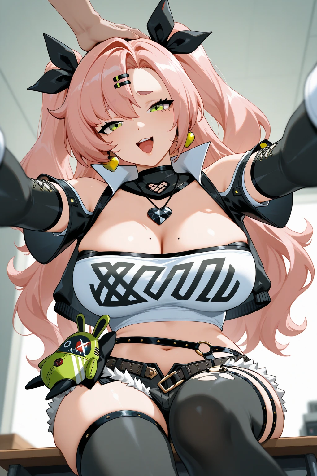 She has VERY VERY BIG breasts (2000cm) , Small waist (60), big hips (100), her long hair with waves (not Chinese) is pink and very long, she is light-skinned, and light blue eyes, small stature resembles Marin Kitagawa (My Dress-Up Darling) Short black pleated skirt with pink details, top with flared sleeves, shoulders and open neck, showing her breasts a little (He is at a concert singing and dancing)
Cuerpo grueso,cuerpo atractivo,hanging senos,(massive senos:1.9),pecho redondo perfecto (foto de perfil) en lencería PINK HAIR Uncovered breasts (she is an IDOL)