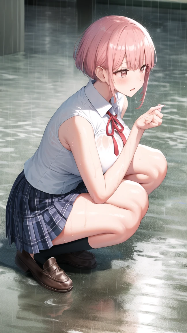 Lift your skirt, Blush, Drool, with her mouth open,Water flowing all over the body