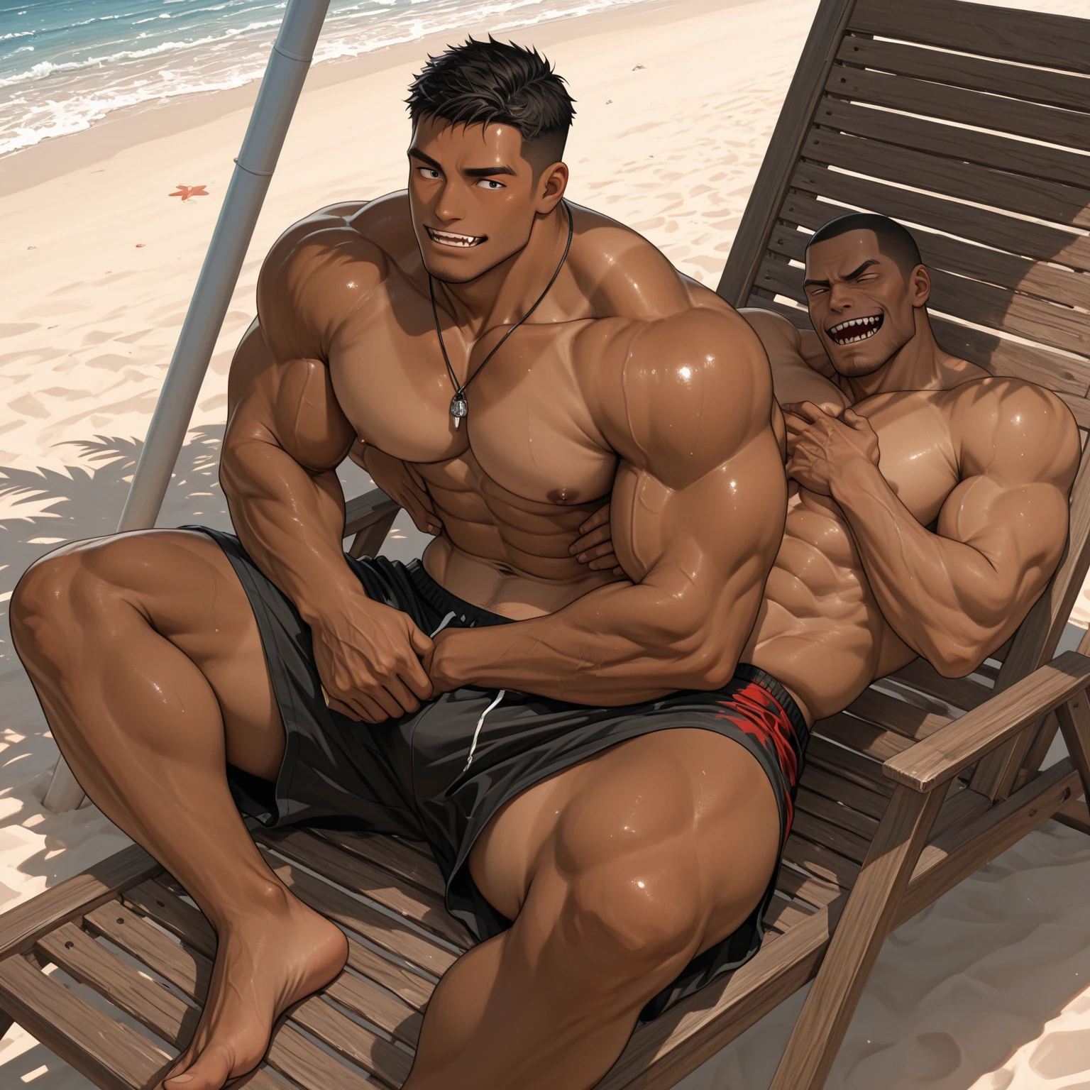 German, tall to the ceiling, bodybuilder, highschool freshman laying down on a sun bed. cute young face, great height difference. high detail faces. show full height from toe to head. Only 2 bodybuilders in the picture. Tropical beach. Show from side.