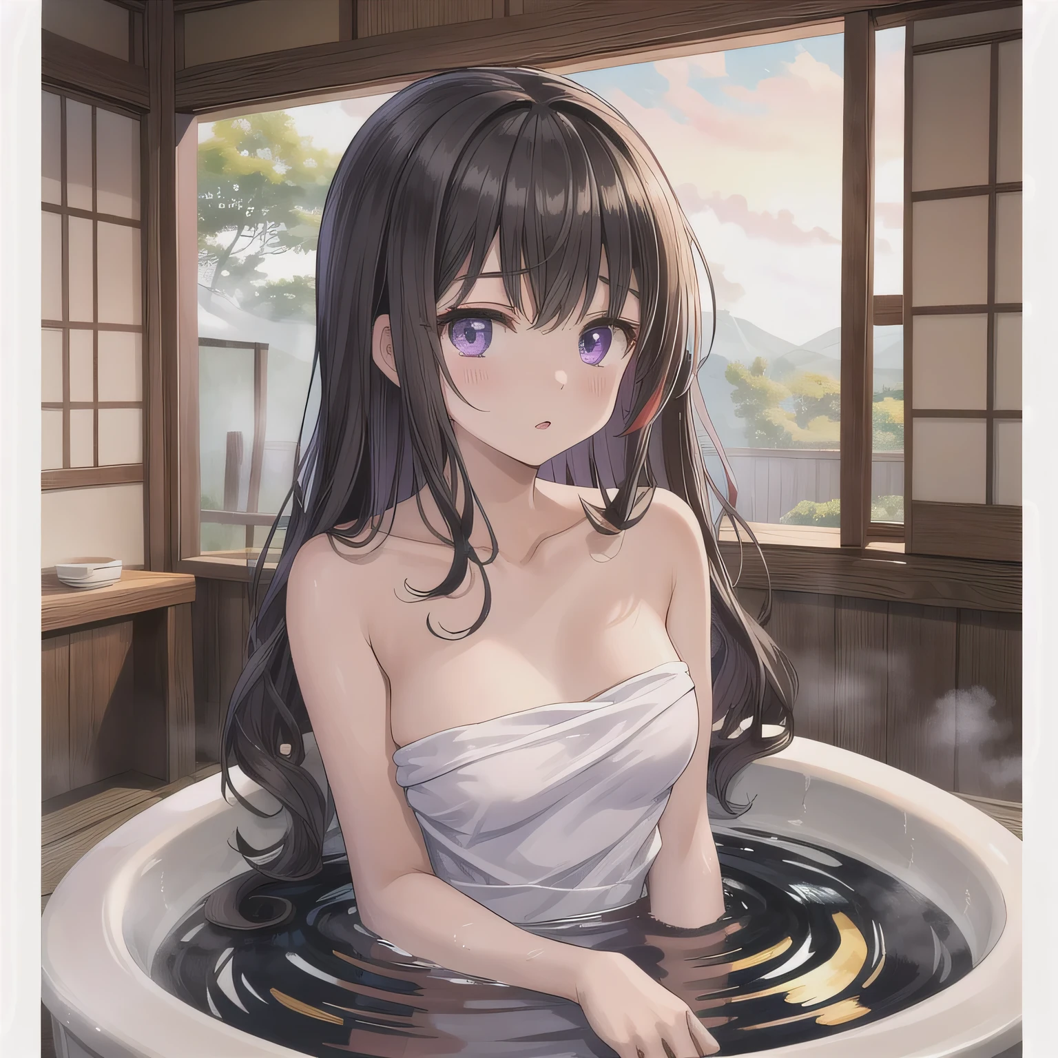 The background is a traditional Japanese public bathhouse (sento). The character is wrapped in a towel around the body, preparing to enter the bath. long hair, dark hair, purple eyes.