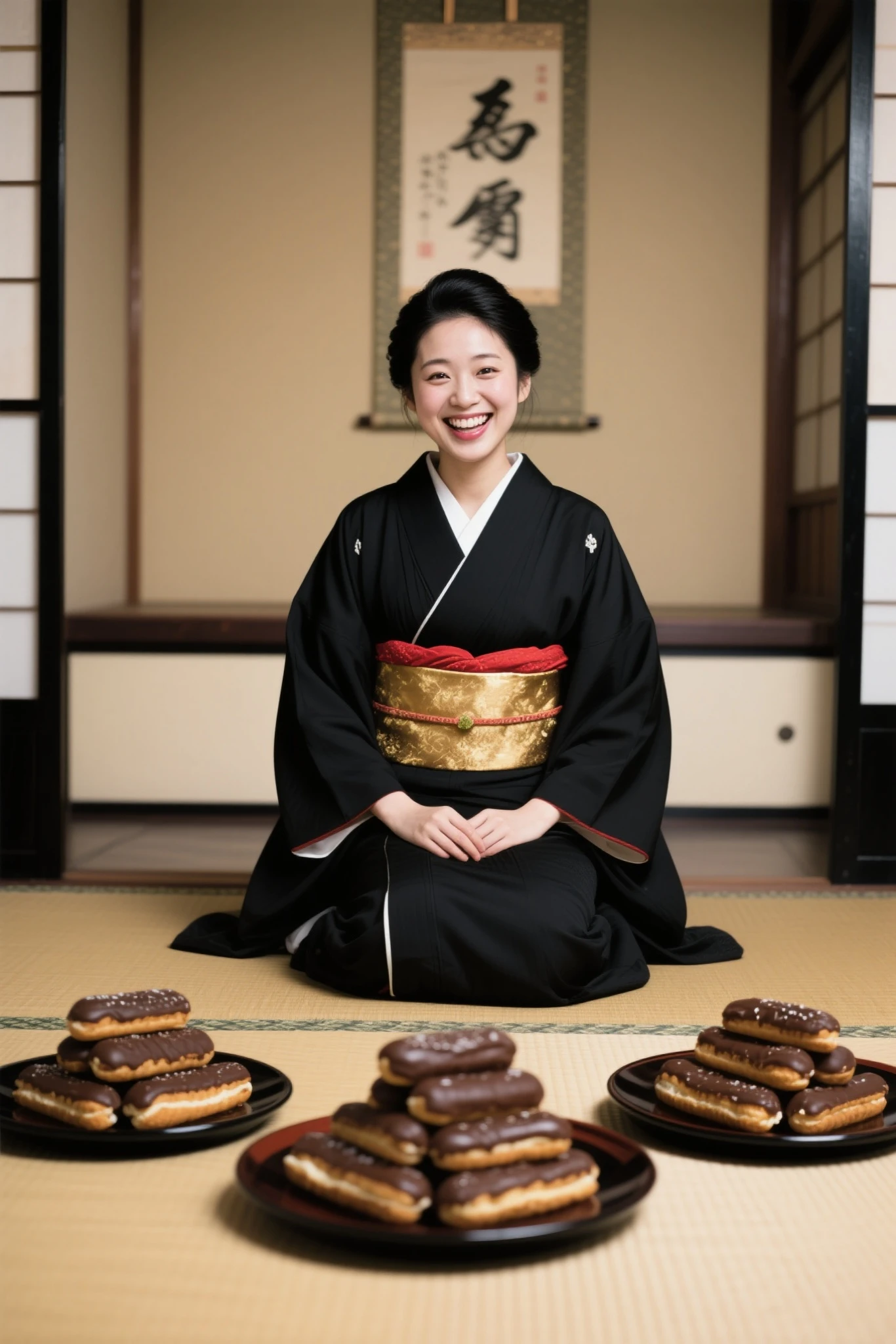  1Woman、Japanese woman in a black kimono sitting upright with a crazy smile、8k Resolution、Highest image quality、very detailed、professional photo of lying down on a mat、perfect composition、Fine Textures、natural pose、depicting every detail、Hyperrealistic、traditional Japanese costume、a young Japanese woman in a black kimono、the kimono is thick、The obi is gorgeous gold and scarlet、Traditional Japanese House、sitting upright、looking at me、straight black hair that stretches to the back、there is a hanging scroll between the floors in the back、I'm sitting up and looking at me with a crazy smile、where it is placed３There is a large plate in front of。chocolate eclairs are piled up on top of every plate、