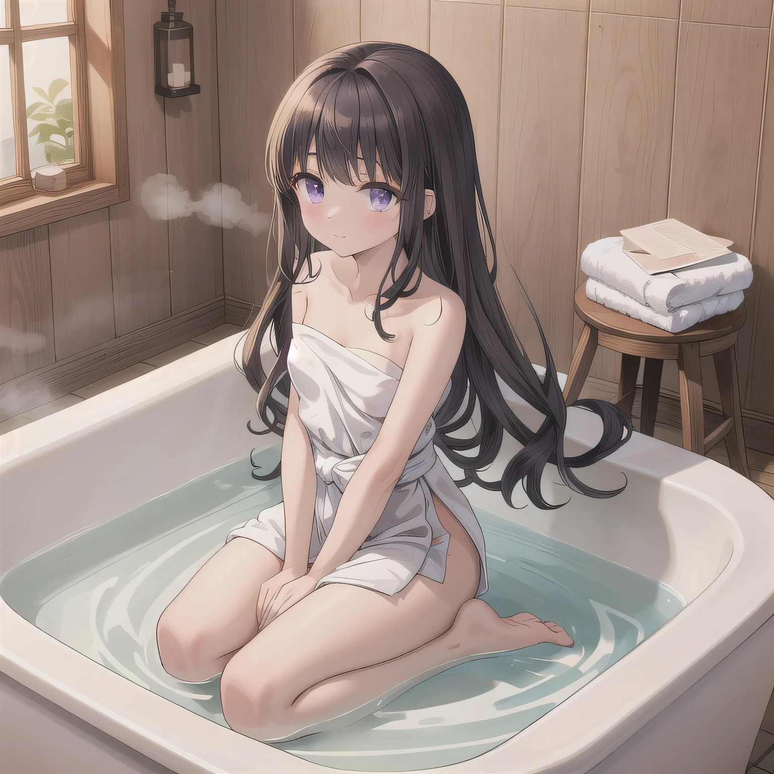 A beautiful woman in a A narrow, compact Japanese bathroom, with tiled walls, a small bathtub, and a wooden stool beside it. Steam fills the room., sitting in seiza style , politely waiting to greet someone.The character is wrapped in a towel around the body. long hair, dark hair, purple eyes.