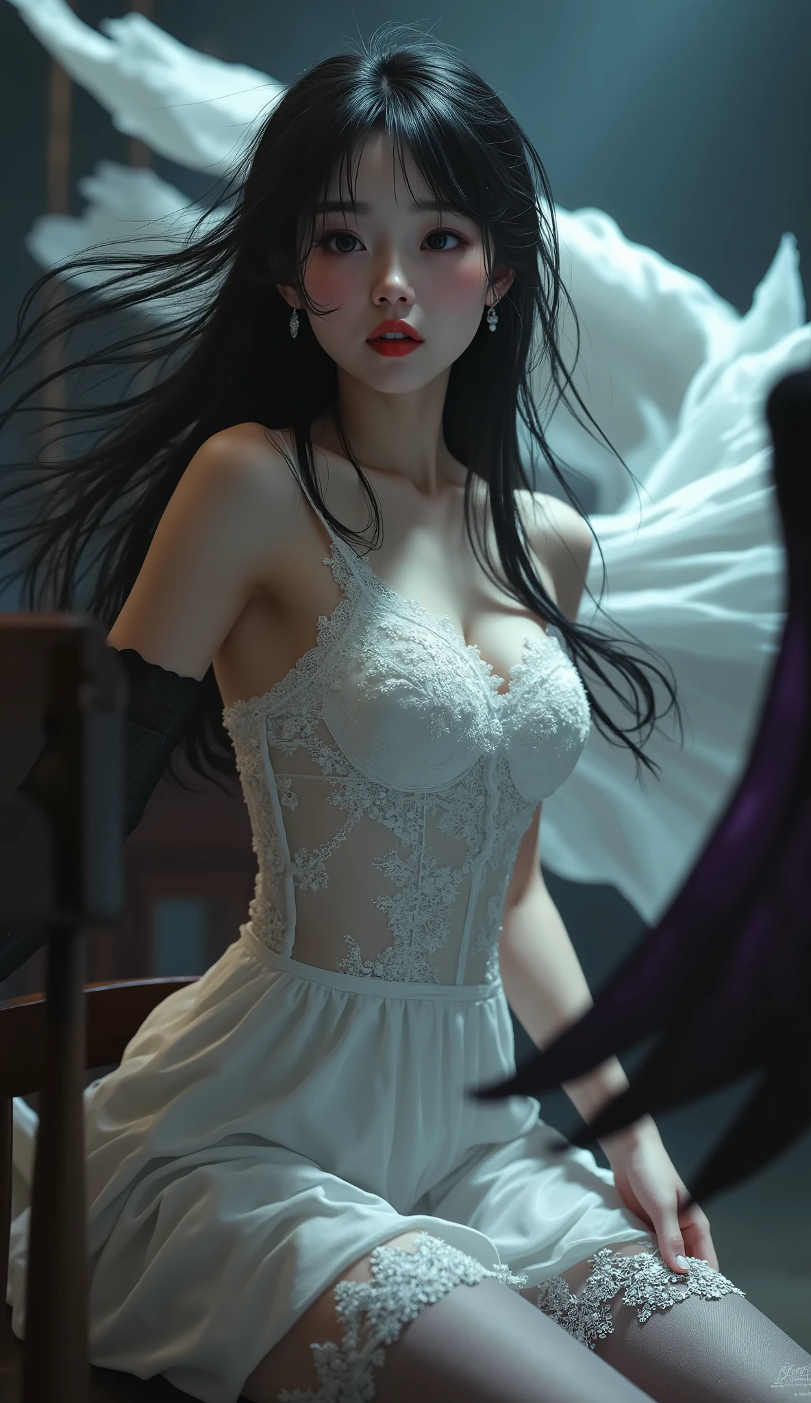 realistic,masterpiece, best quality, good quality, very aesthetic, absurdres, newest, 8K, depth of field, focused subject, visual storytelling, 1girl, solo, long black hair, white wedding dress, sitting at grand piano, flying sheet music, flowing veil, soft moonlight, cinematic composition, graceful pose, RealAniBackground, realistic background