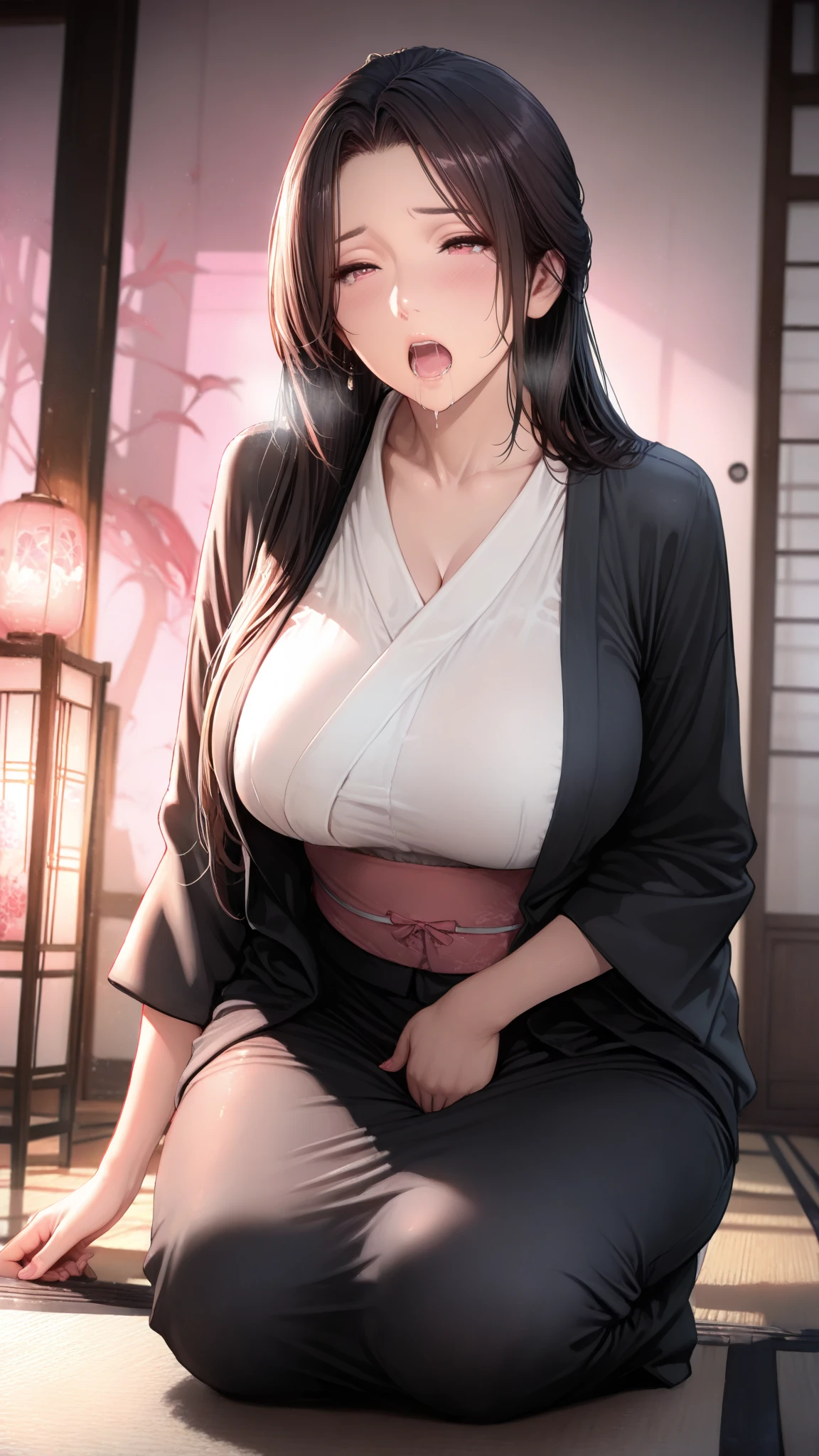 (Best quality:1.3), black hair, large breasts, nipples, off shoulder yukata, (from above view, close shot), smiling, (blushing:1.3), kneeling