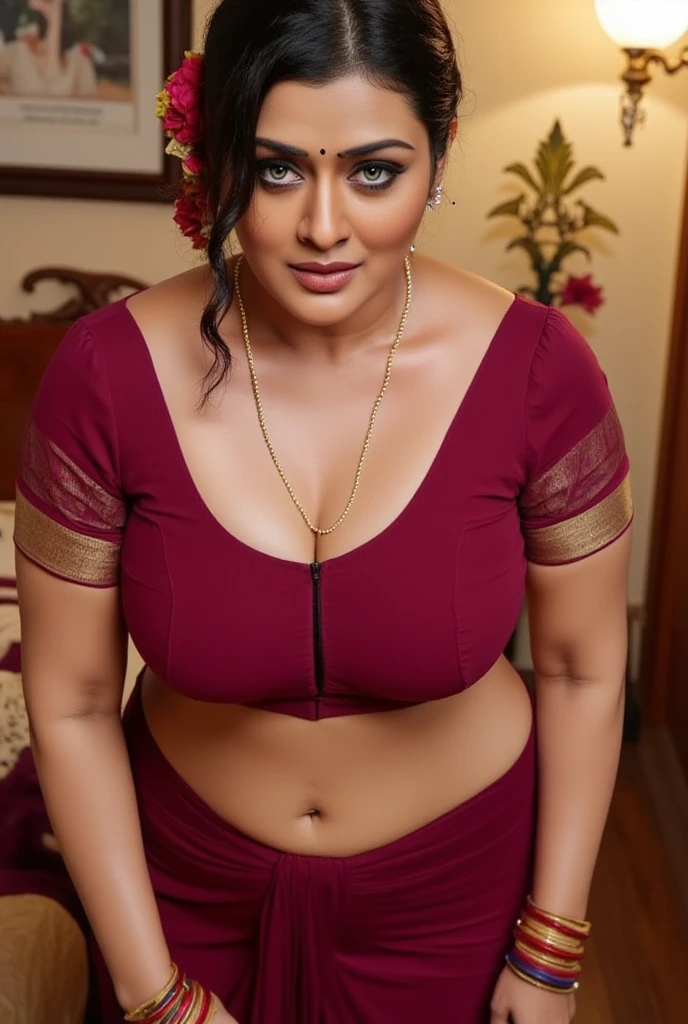 Wearing a sexy satin saree with strapless Bra, sexy Indian housewife, Looks like Indian Actress Nayanthara, actress Nayanthara, mallu, mallu aunty, desi aunty, full figured mature beauty, sweaty skin , shining skin, sweat, attractive figure, 48 years old, spicy hot, desi milf, desi aunty, a close up of a woman in a red dress in a bedroom, inspired by Avigdor Arikha, sleek!!!, indian super model, wavy hair combed to one side, actress, by Jitish Kallat, smoldering, intense smoldering, fashion, an angel, print ready, with a dramatic looking, inspired by Sudip Roy, seductive look, sexy Saree queen, sexy Saree fashion, seductive Saree, wear saree, sizzling hot Beauty, red juicy lips, sexy navel folds, fleshy body, curvy beauty,