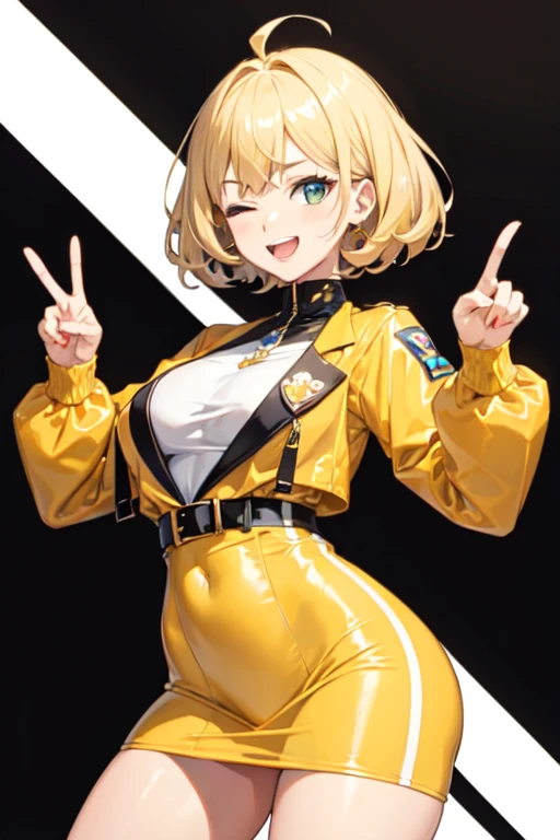 masterpiece, highest quality, High resolution, 1 girl, ticker, Ahoge, big breasts, race_Queen, Yellow leotard, Jacket, embarrassing,closed mouth, field, 