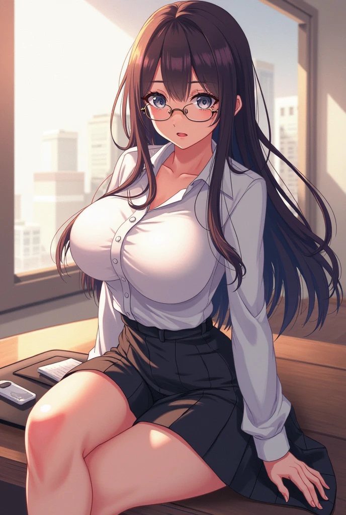 absurdres, high res, ultrasharp, 8K, masterpiece, 1girl, long hair, sensual look, sultry smile, dark brown hair, curvy huge breasts, glasses, secretary outfit, big , sleeveless buttoned-up pink blouse, formal look, beige
 Sweat pants, see through, no sleeves or cuffs on pink blouse, standing up straight 


