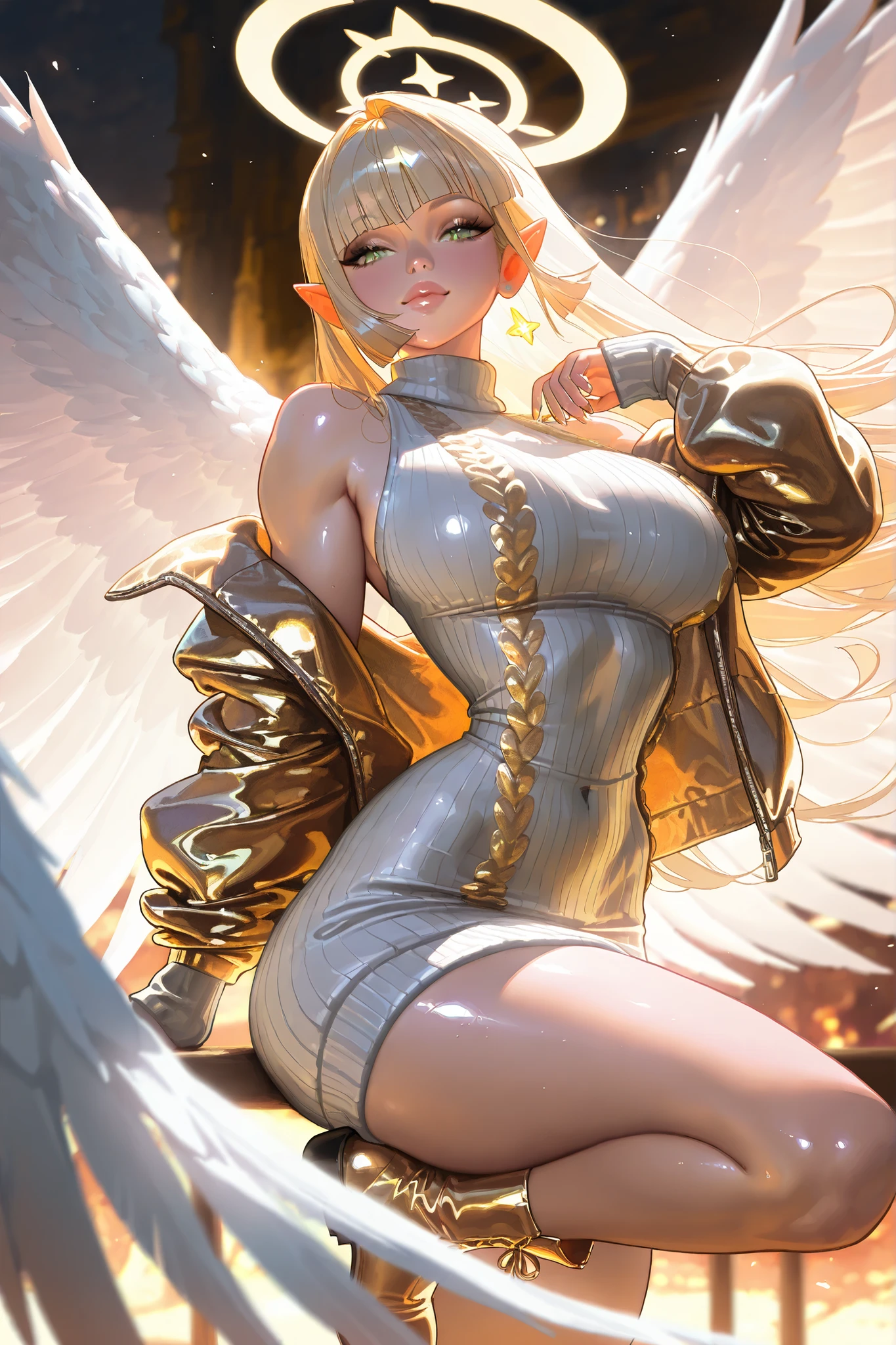 high resolution, highest quality, super high quality, super detail, ultra realistic, photorealistic, anime, illustration, fantasy, Northern Renaissance style, vampire, super intelligent beauty, mysterious, enchanting, sharp gold eyes, unkempt flowing layered long blonde hair, elf ears, huge breasts, perfect proportion, slender, full body, big wings, veil, gorgeous crimson dress with gold embroidery, background Northern Renaissance style, kaleidoscope, royal palace