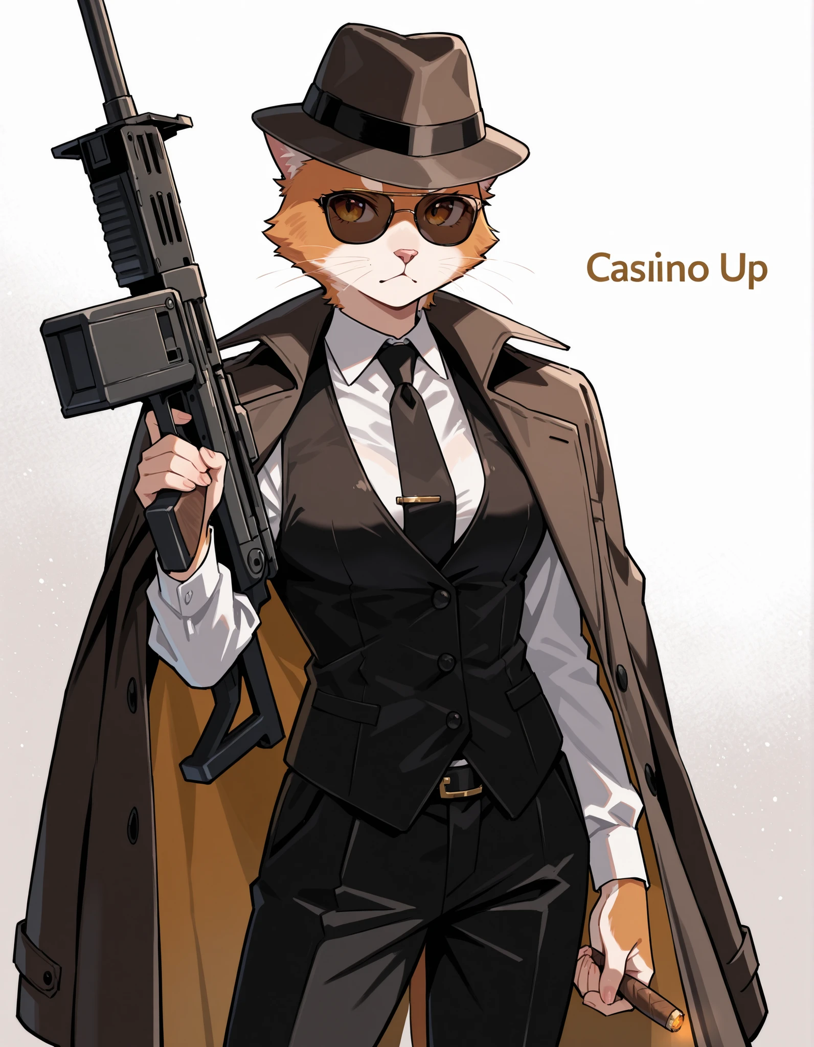 Score_9, score_8_up, score_7_up, source_anime, 1cat, solo, animal focus, sunglasses, (best quality), (high quality), {masterpiece}, extremely delicate and beautiful, ultra-detailed, beautiful detailed eyes, mafi4, necktie, suit, fedora, white shirt, black vest, black pants, coat, casino, indoor, holding machinegun, take a cigar, standing