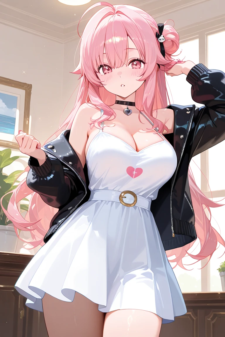 best quality, masterpiece, highres, solo, {bremerton_azurlane:1.15}, long_hair, pink_hair, bangs, pink_eyes, multicolored_hair, streaked_hair, breasts, large_breasts, hair_between_eyes, blush, twintails, grey_hair, cleavage, two-tone_hair, hair_ornament, mole, mole_under_eye, sidelocks, smile, sleeveless, x_hair_ornament, hair_intakes, 1girl, off_shoulder, official_alternate_costume, sweater, bare_shoulders, looking_at_viewer, hairband, bra_strap, choker, dress, off-shoulder_sweater, black_choker, black_sweater, ribbon, strap_between_breasts, upper_body, between_breasts, black_ribbon, jacket, off-shoulder_dress, black_hairband, sweater_dress, white_jacket, hair_ribbon, long_sleeves, collarbone, open_clothes, open_jacket