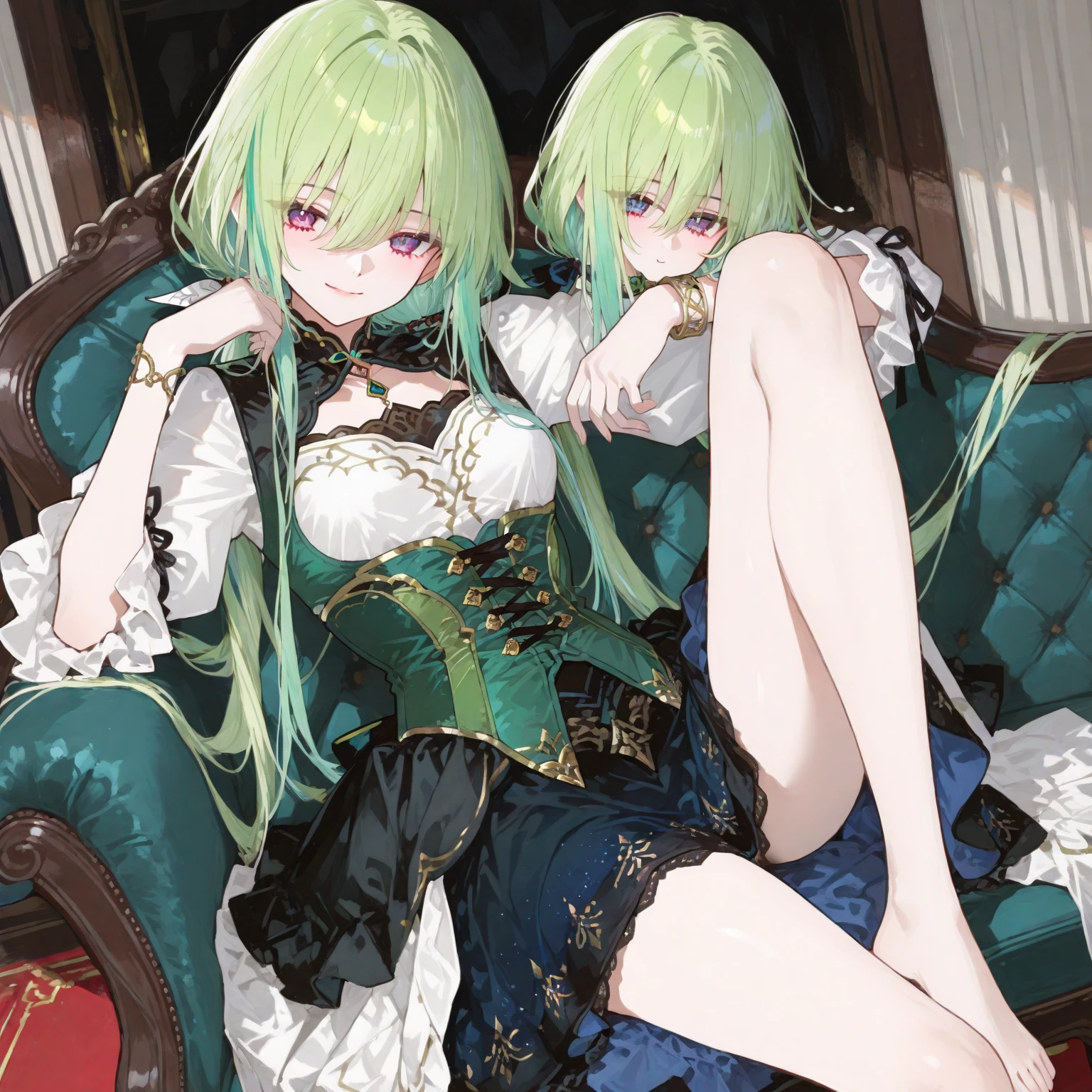 girl、long hair、sleep、open vagina、Green Hair、pussy、Lying down、Sleeping in bed、Leg spread、No panties、yukata、