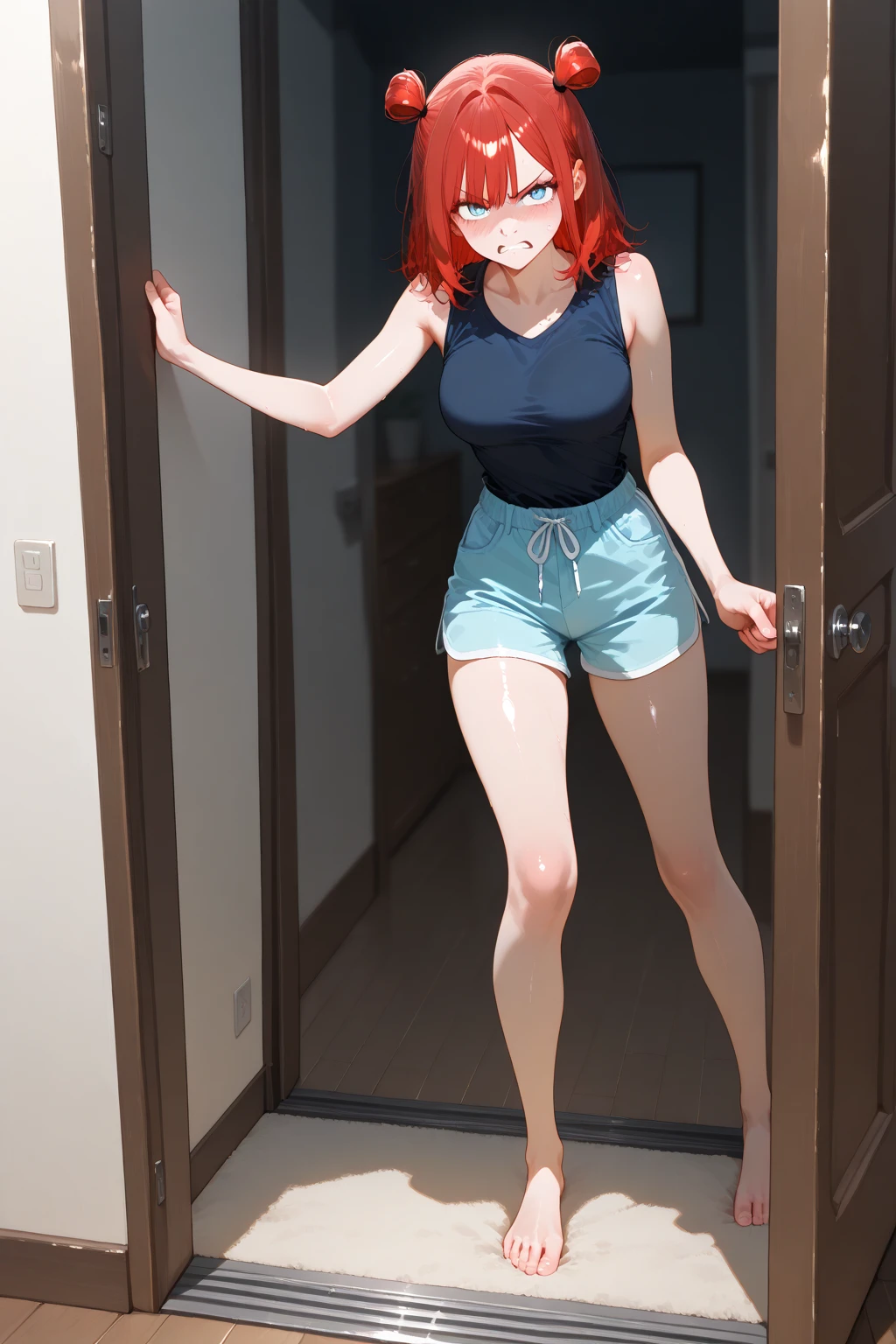 nsfw, masterpiece, best quality, high resolution, (jeans pants), full body, (topless), (barefoot), blush, worried, open mouth, inndoors, ((((((big pee stain)))))) sabrina, pokemon, flipped hair, aqua hair, red eyes