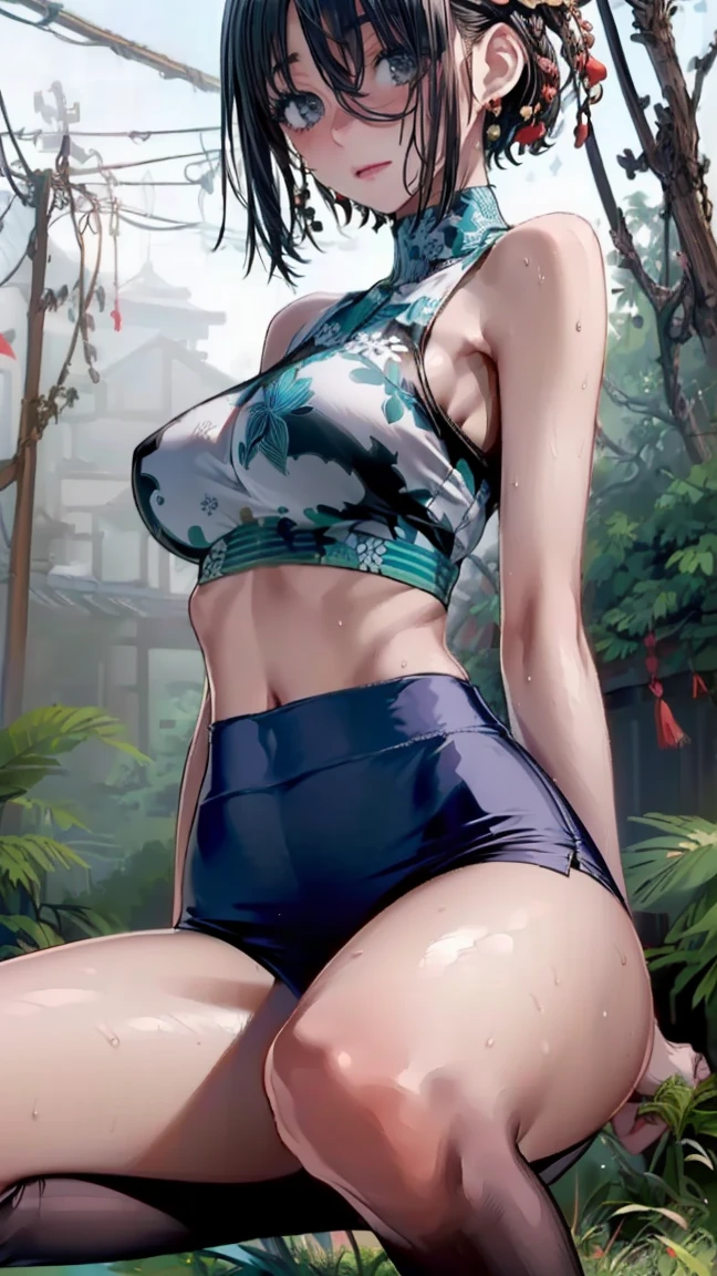 masterpiece, top-quality, realisitic, a picture, photorealisim, ultra-detailliert, Beautiful camel toe、Leather miniskirt、Beautiful navel、Beautiful arms、poneyTail、a choker、highleg bikini、Spider-Man Pose Crouch、Open legs,The costume is divided into upper and lower、A sexy、Green Stock、perfect bodies, A detailed eye, beautiful a girl, (Gwen Stacy), spiderwoman, spider costume, pose for photo