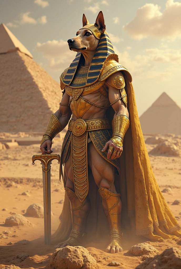 Man, with a jackal head, Egyptian armor, pharaoh helmet, holding a staff